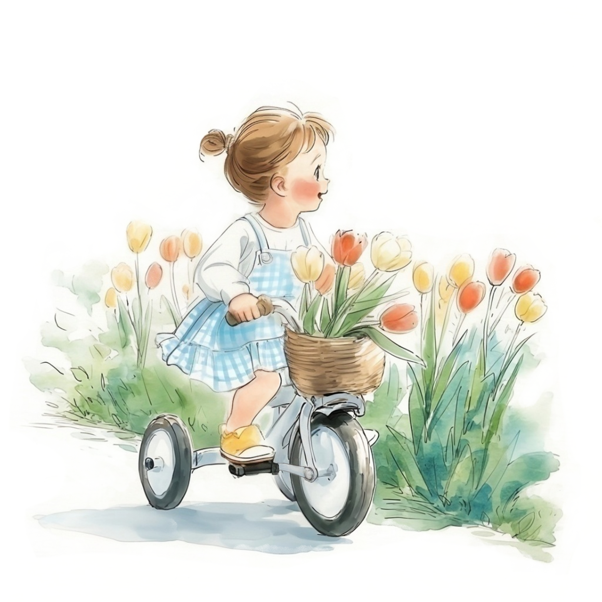 三輪車に乗ってチューリップ畑を走っている小さな女の子の水彩イラスト