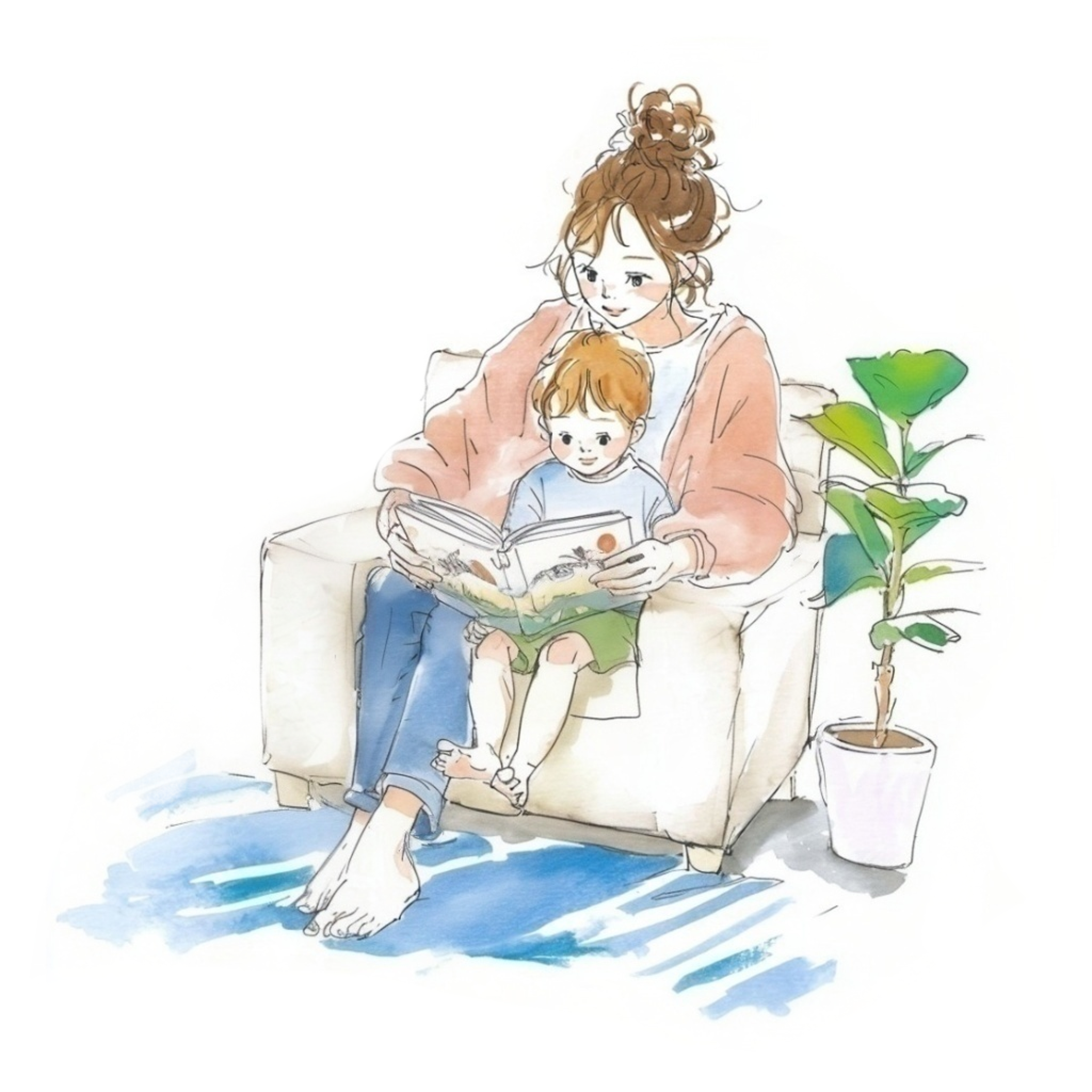 ソファに座り一緒に絵本を読んでいるお母さんと小さな男の子の水彩イラスト