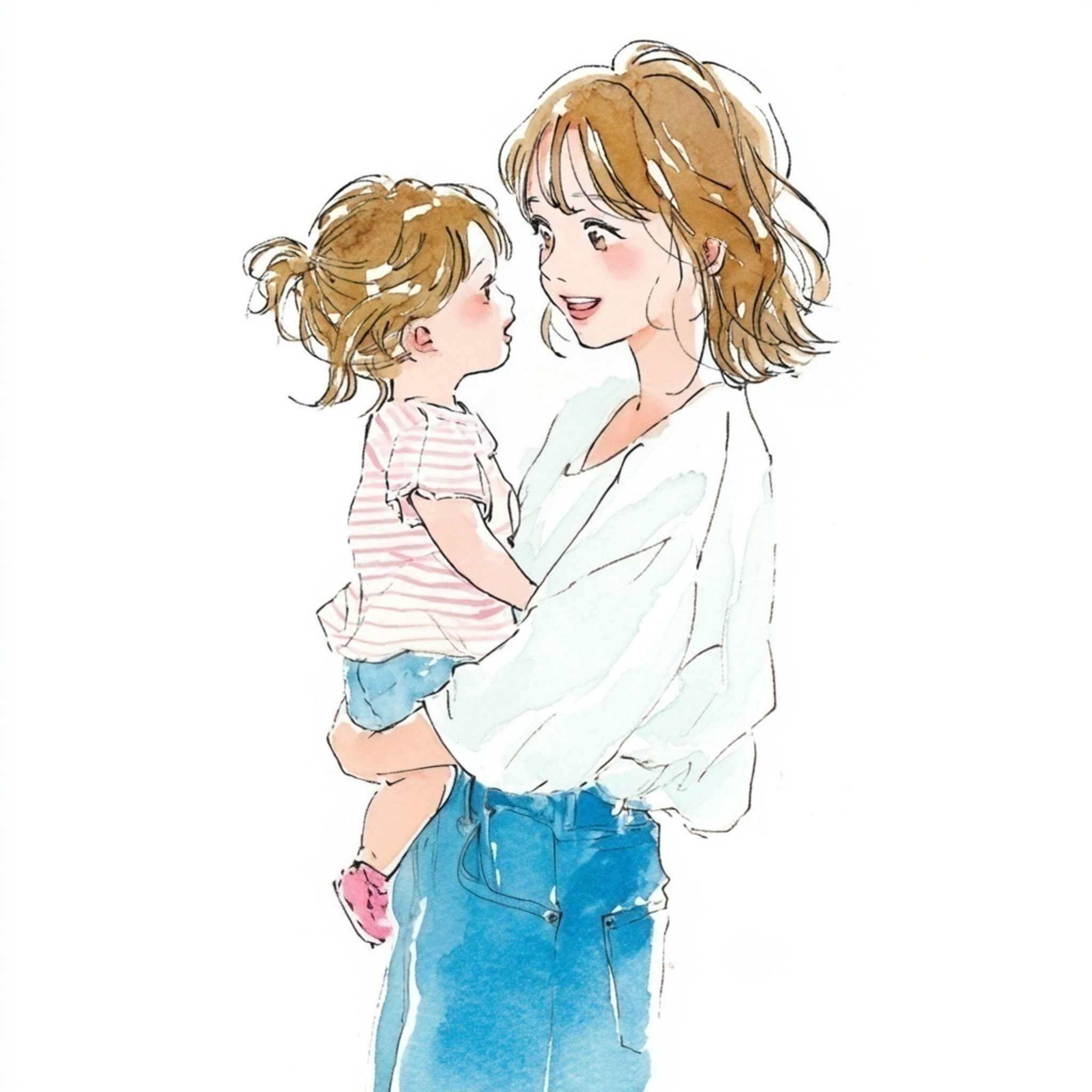 ピンクのボーダーTシャツを着ている小さな女の子を抱っこしている母親の水彩イラスト