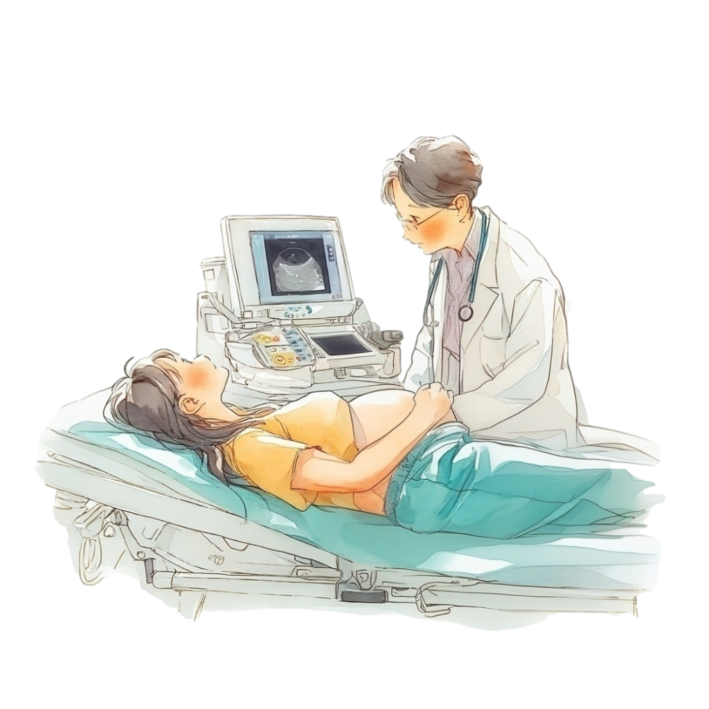 妊婦検診で医師から腹部エコーを受けている妊婦の背景透過水彩イラスト