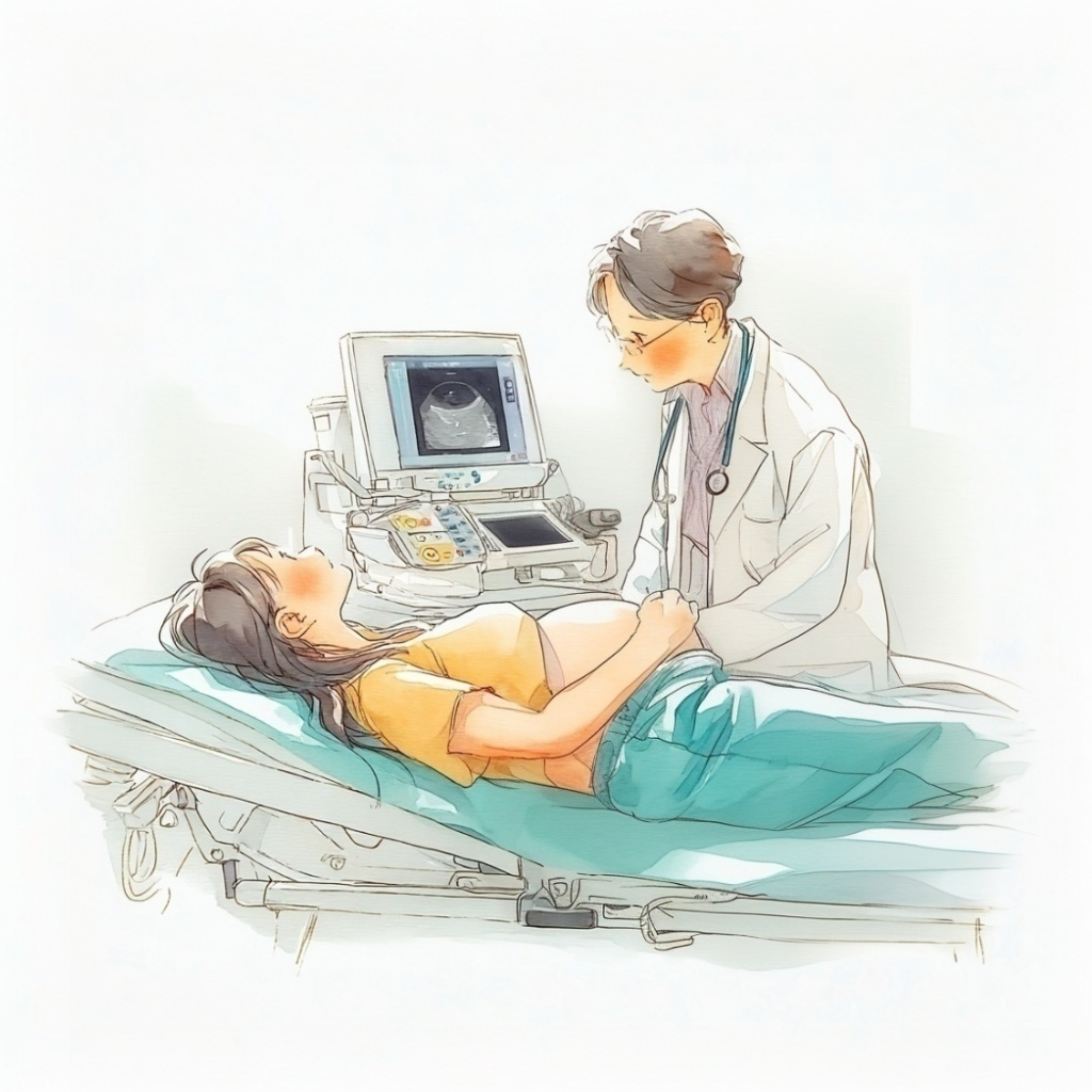 妊婦検診で医師から腹部エコーを受けている妊婦の水彩イラスト