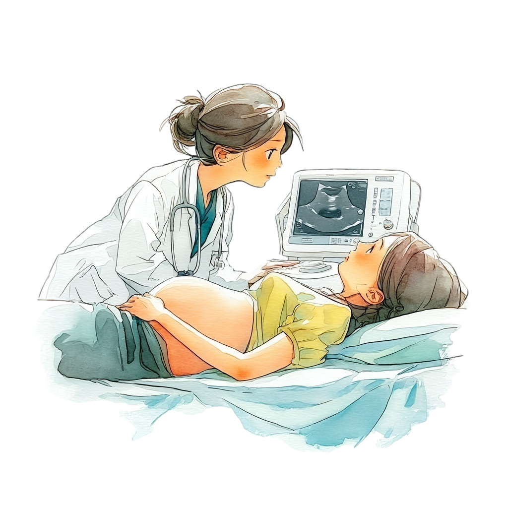 妊婦検診で女性の医師から腹部エコーを受けている妊婦の背景透過水彩イラスト