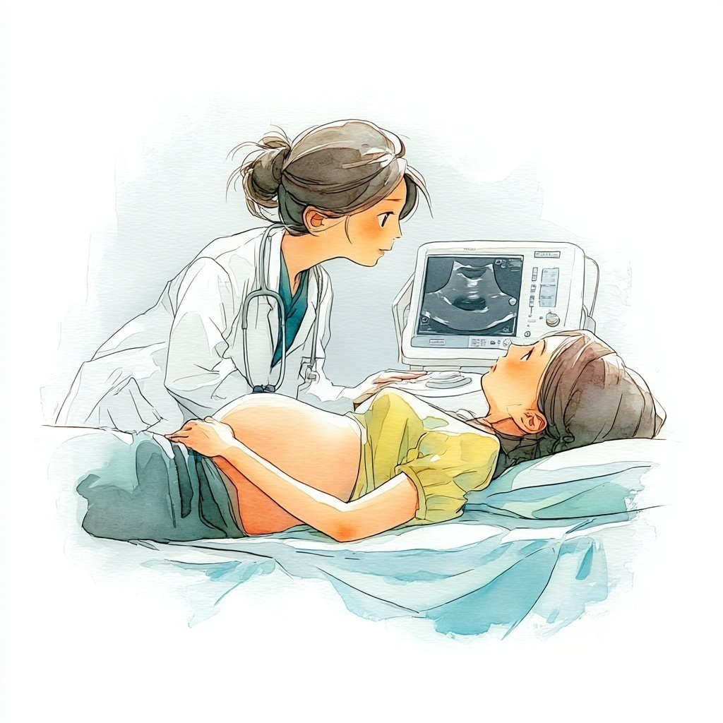 妊婦検診で女性の医師から腹部エコーを受けている妊婦の水彩イラスト