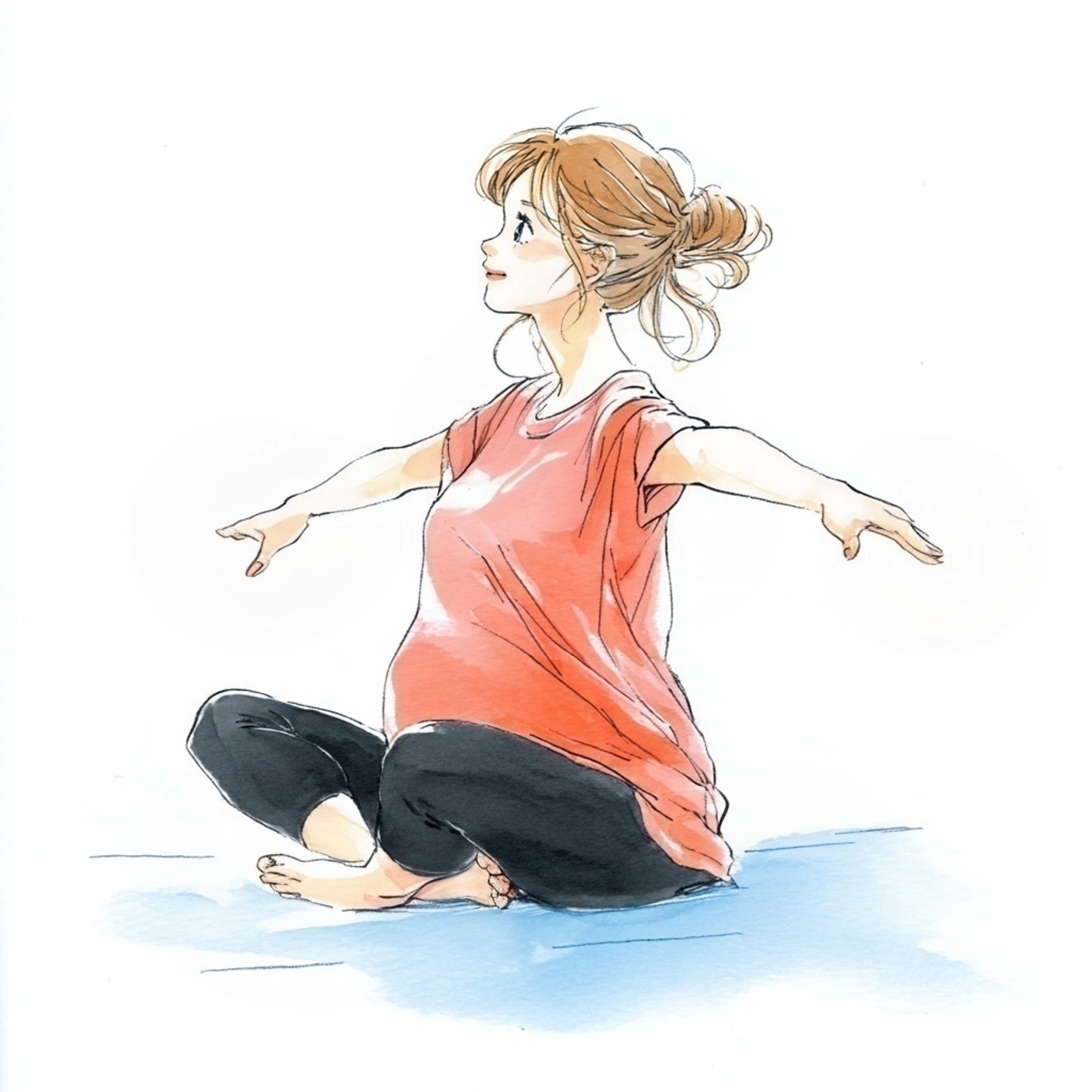 マタニティヨガをしているピンク色のTシャツを着た妊婦さんの水彩イラスト