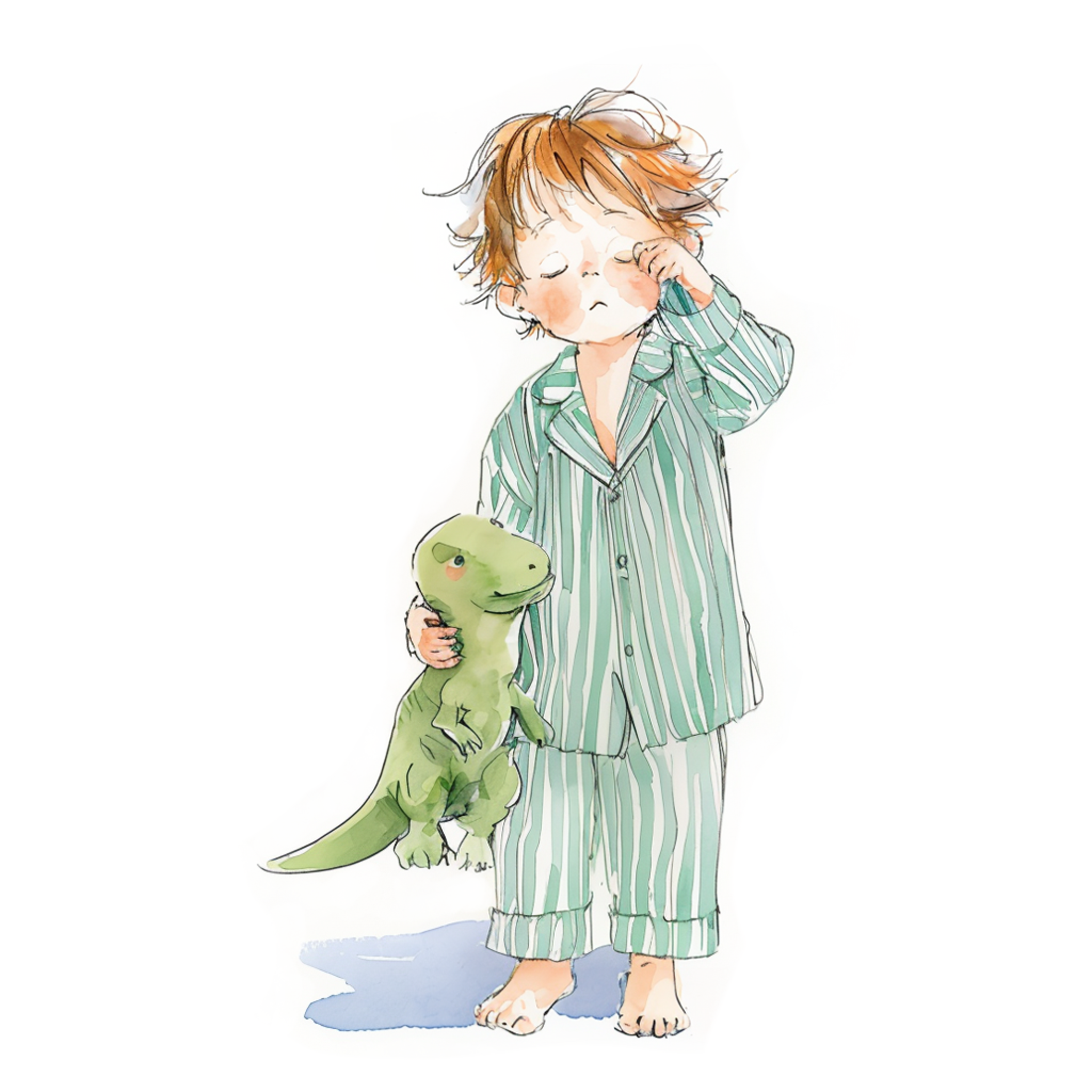 恐竜のぬいぐるみをかかえている眠そうなパジャマ姿の男の子の水彩イラスト