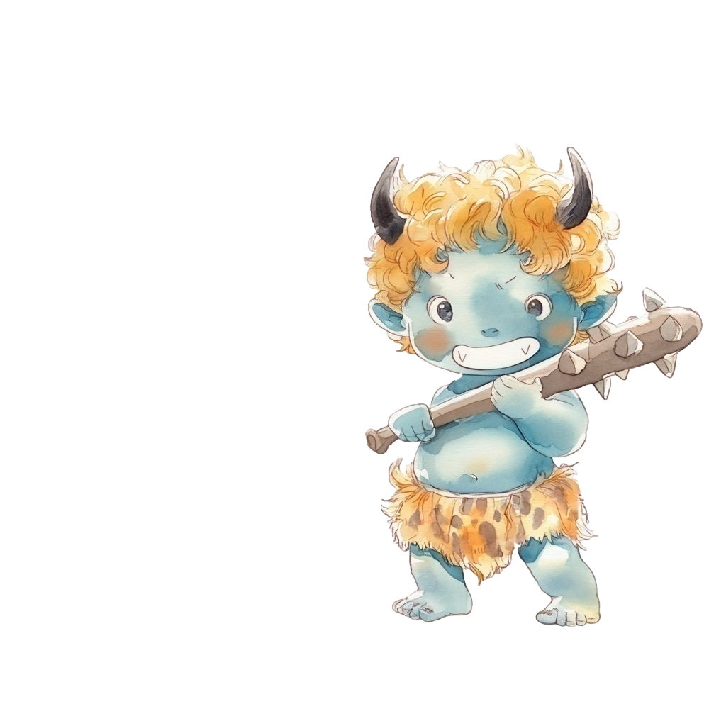金棒を持ちニヤリと笑っている小さな青鬼の背景透過水彩イラスト