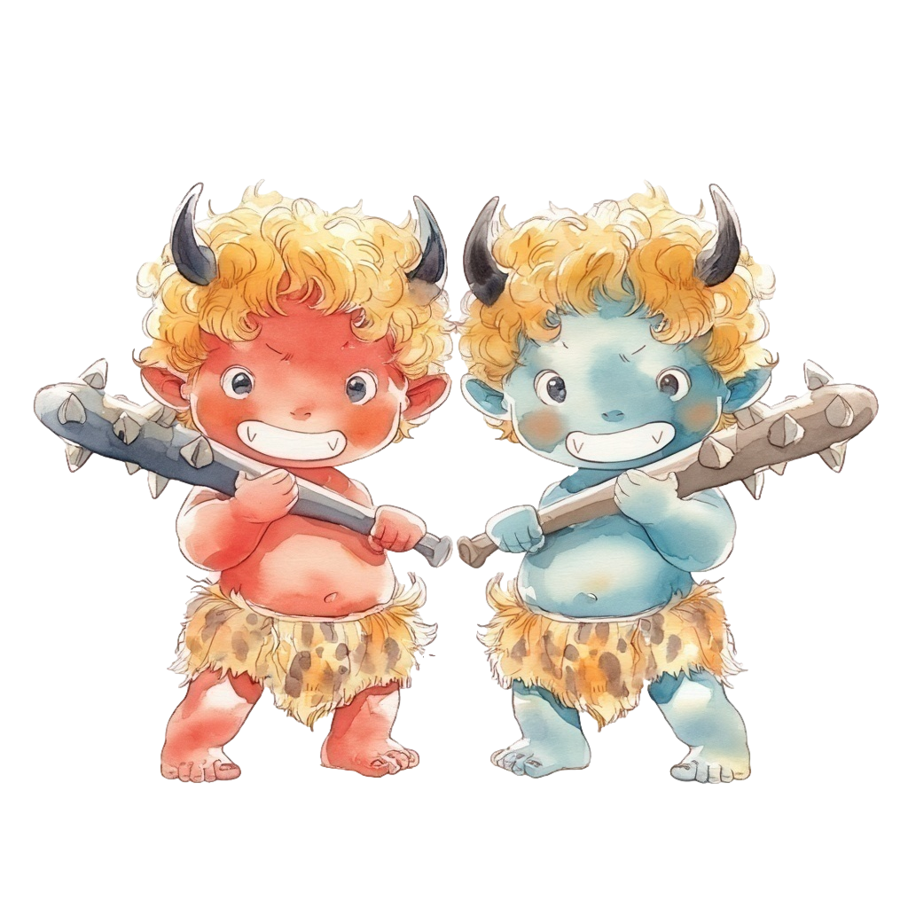 金棒を持ちニヤリと笑っている小さな赤鬼と青鬼の背景透過水彩イラスト