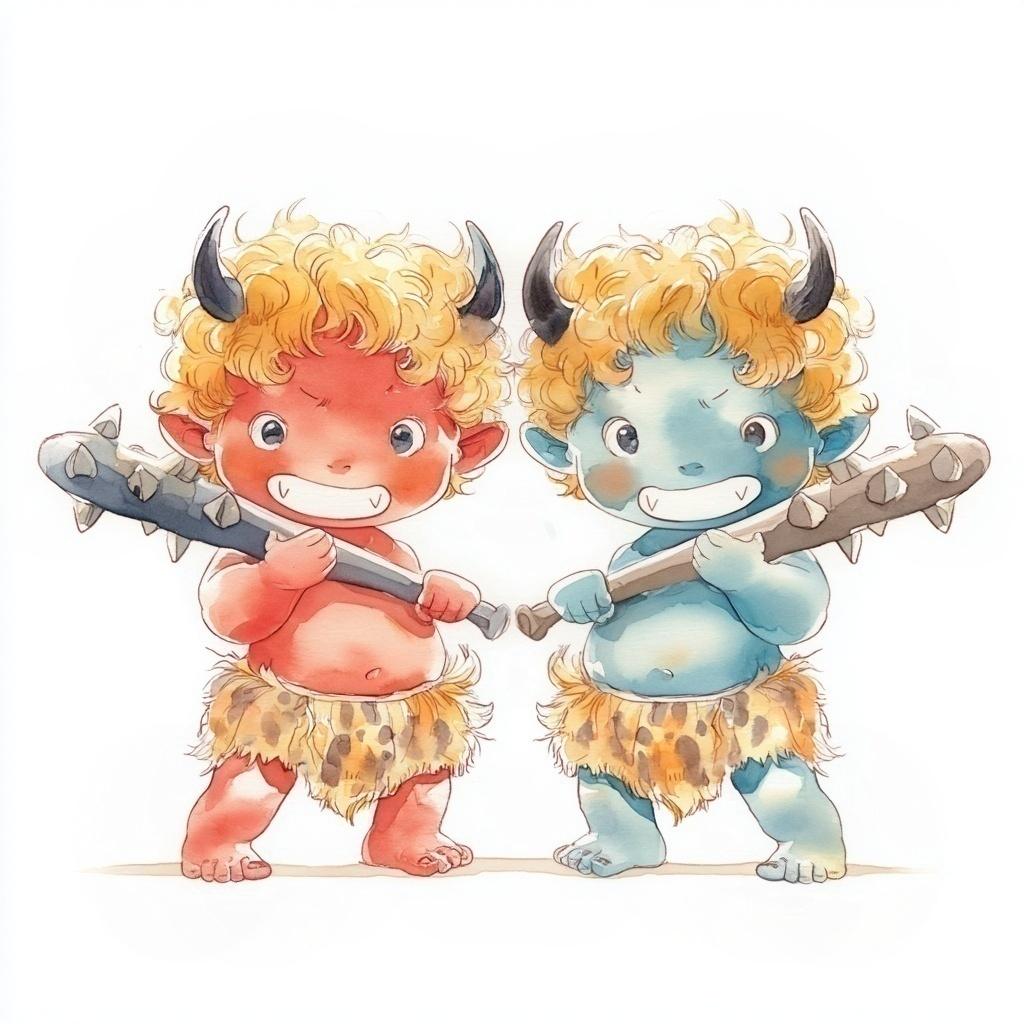 金棒を持ちニヤリと笑っている小さな赤鬼と青鬼の水彩イラスト