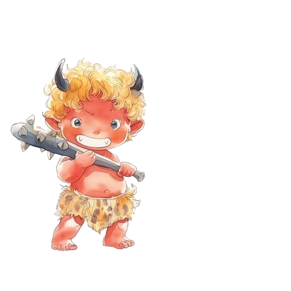 金棒を持ちニヤリと笑っている小さな赤鬼の背景透過水彩イラスト