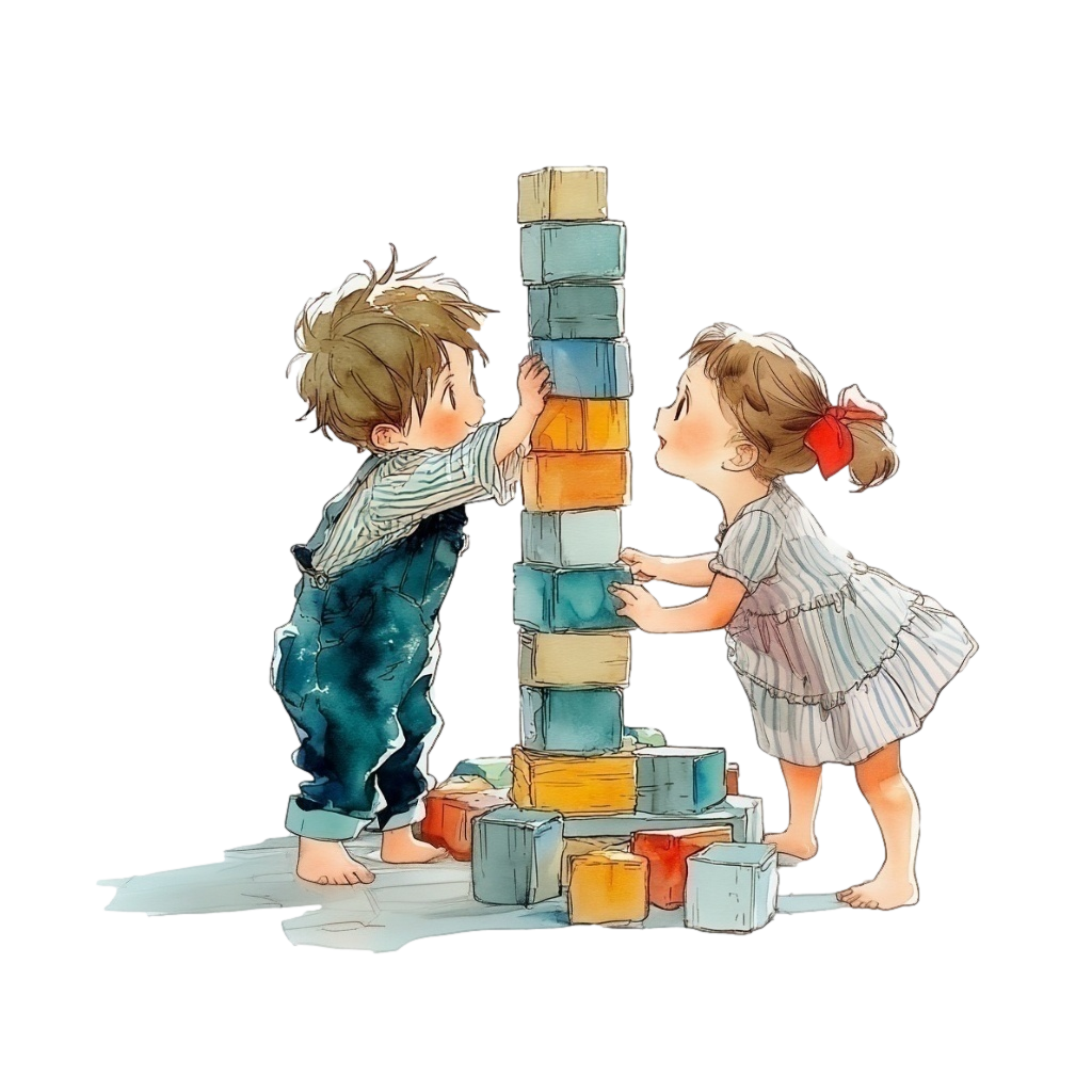 積み木を高く積み上げて遊んでいる男の子と女の子の背景透過水彩イラスト