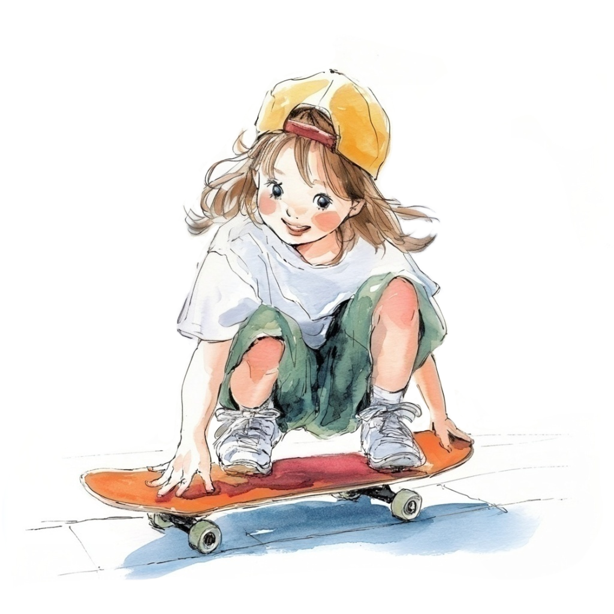 スケートボードの上で両手をついてしゃがんでいる女の子の水彩イラスト