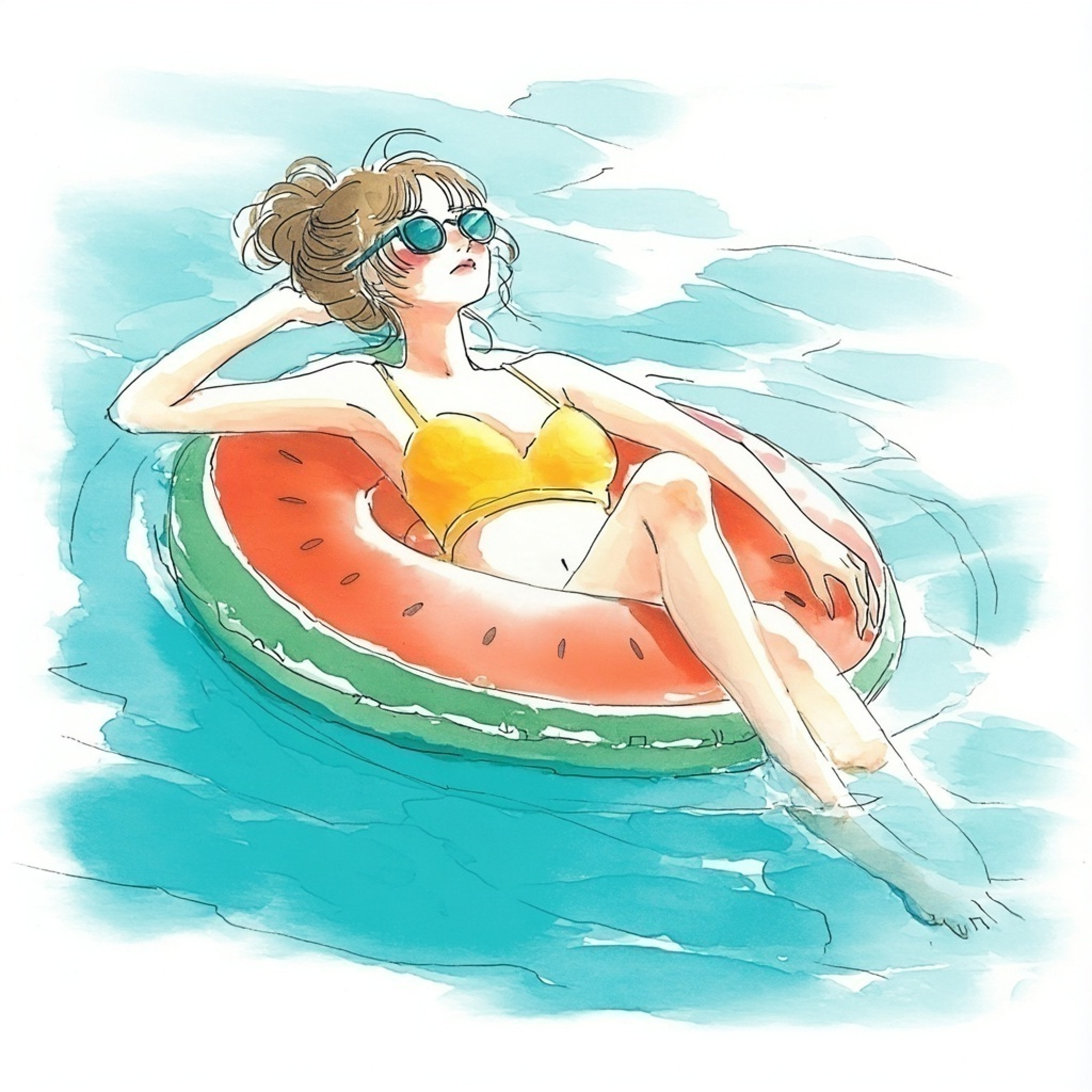 スイカ柄の浮き輪に寝そべっている黄色いビキニの女性の水彩イラスト