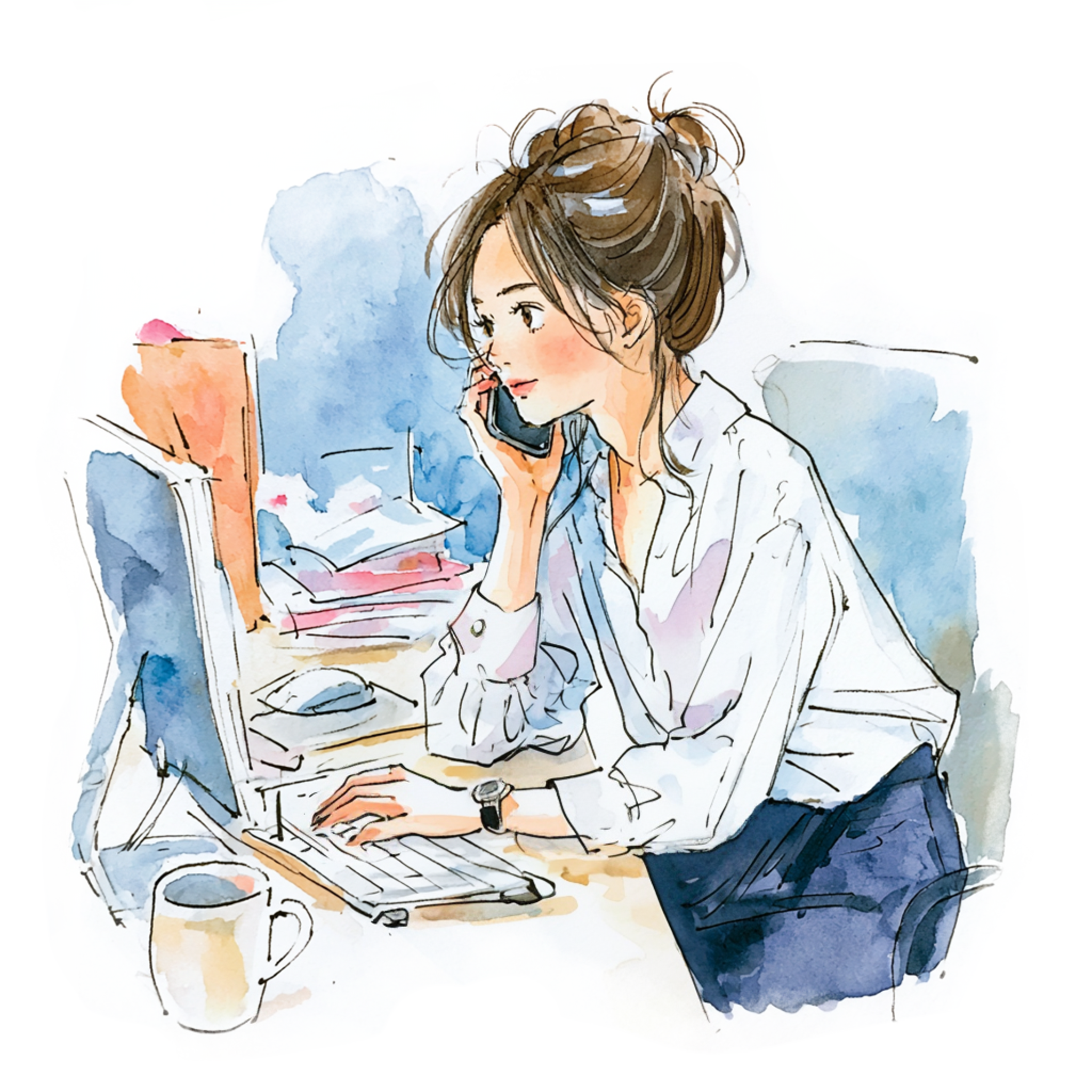 電話をしながらパソコンをしている女性の水彩イラスト