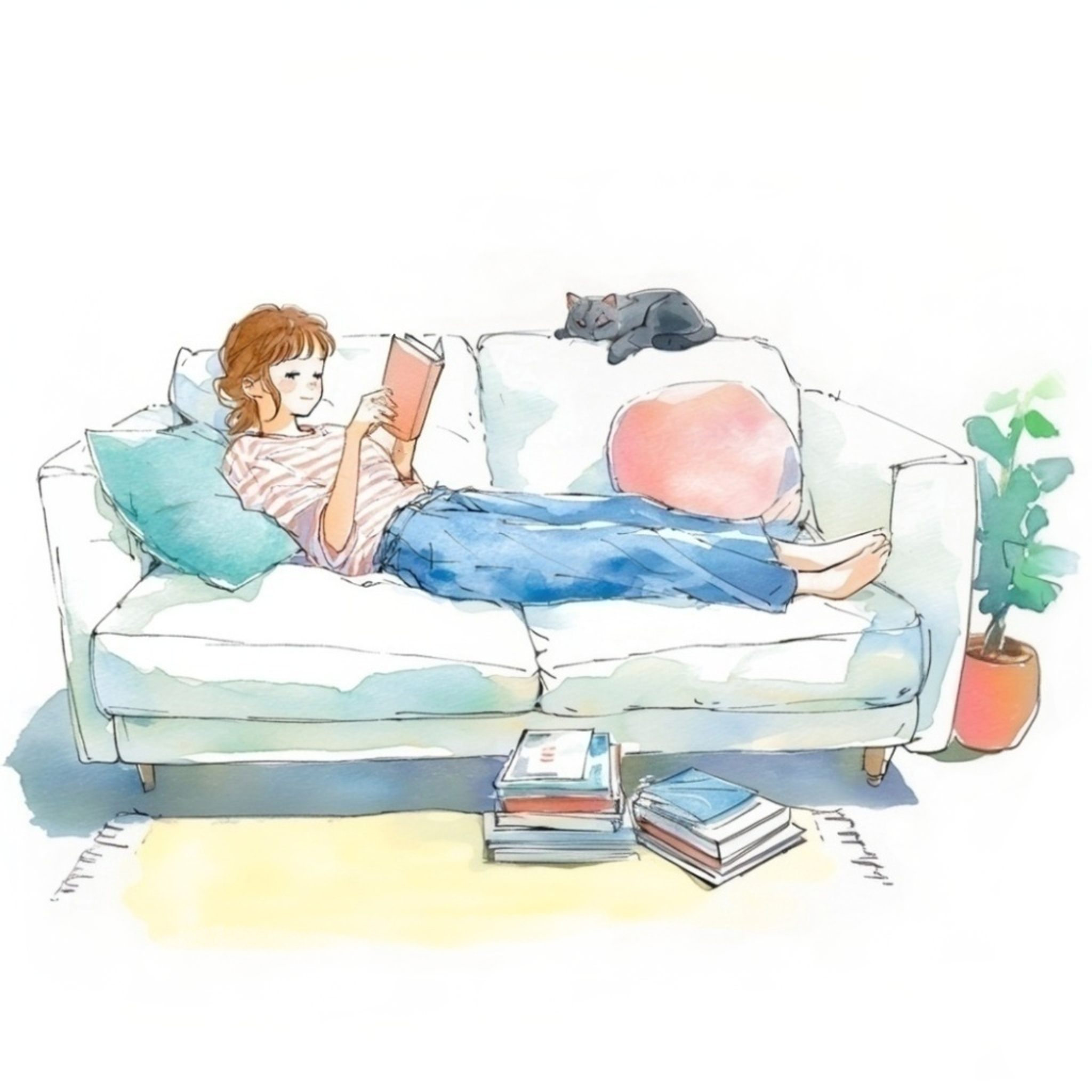 ソファに寝そべって本を読んでいる女性の水彩イラスト