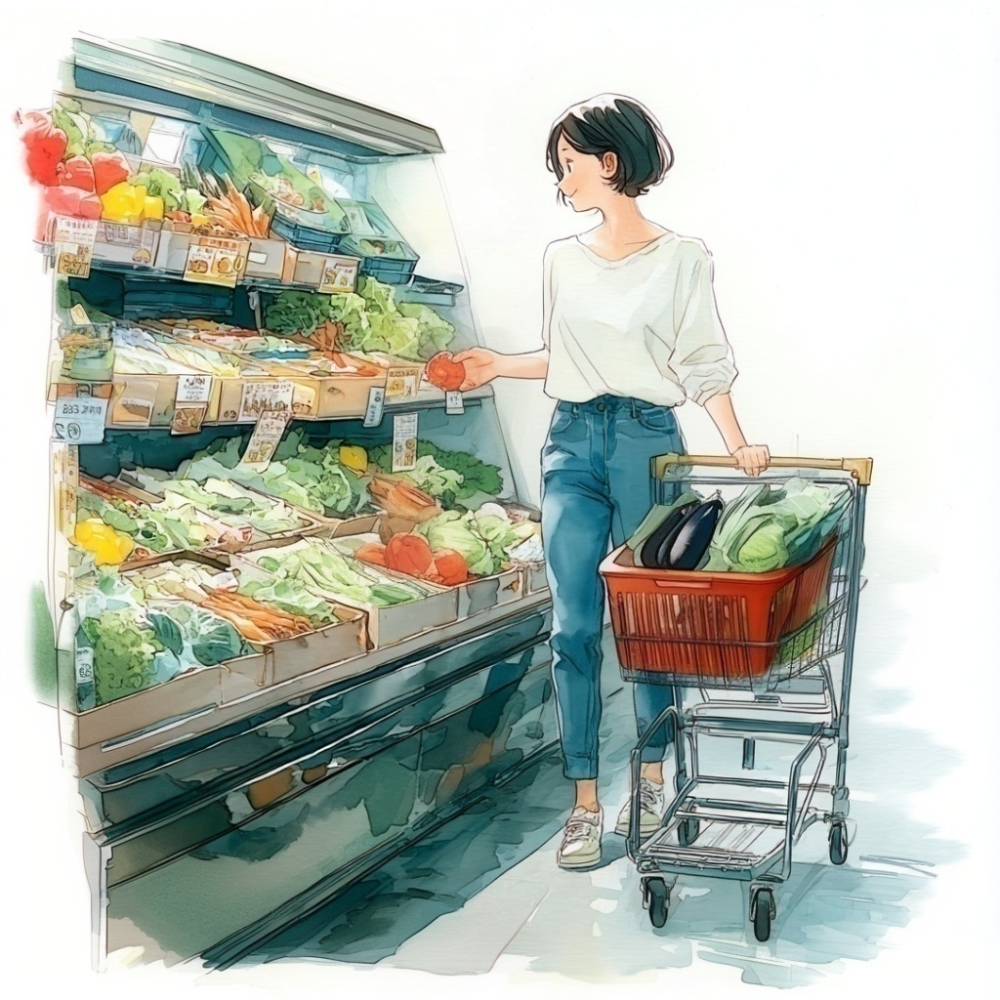 スーパーの野菜売り場でトマトを手に取るショートヘアの女性の水彩イラスト