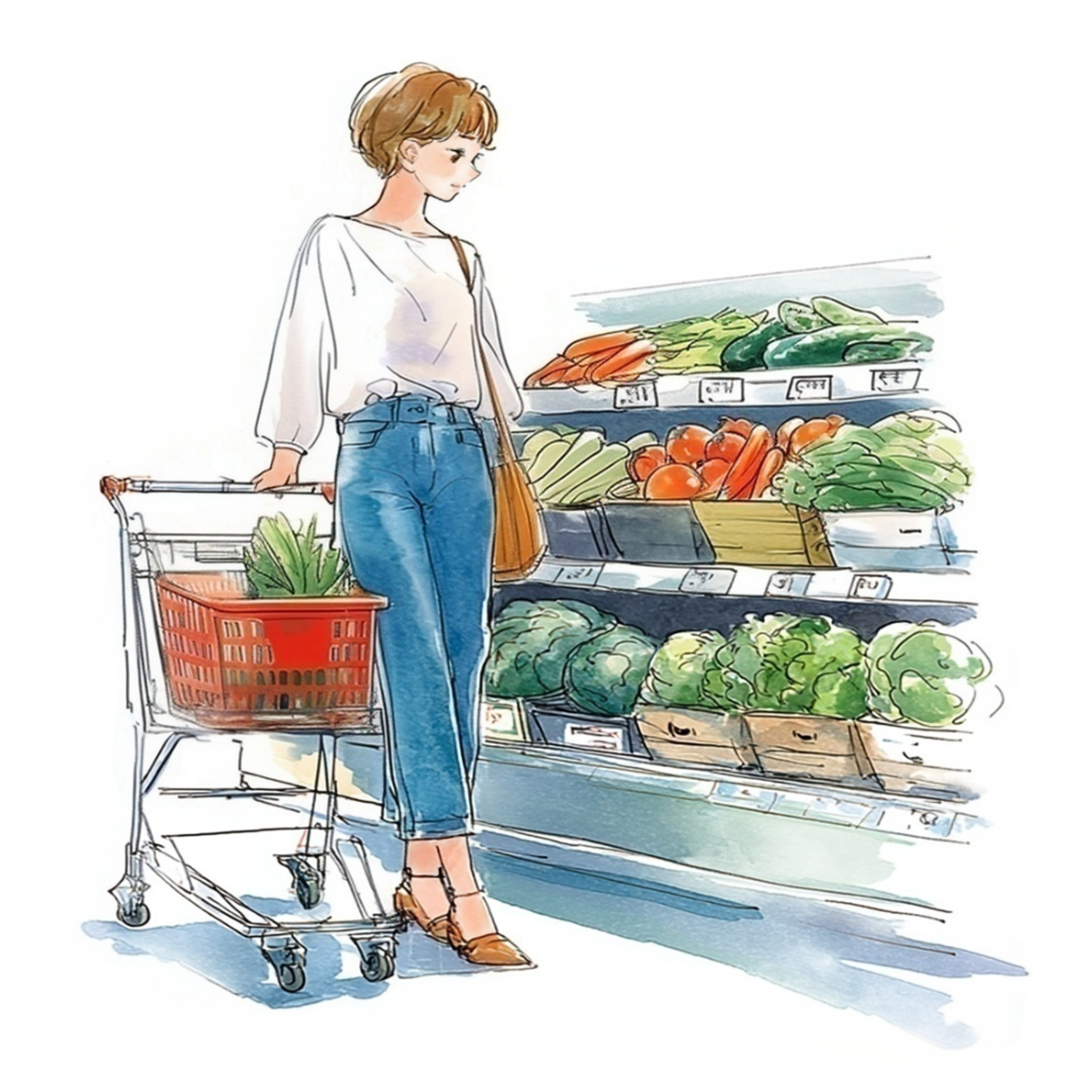 スーパーでショッピングカートを押しているショートヘアの女性の水彩イラスト