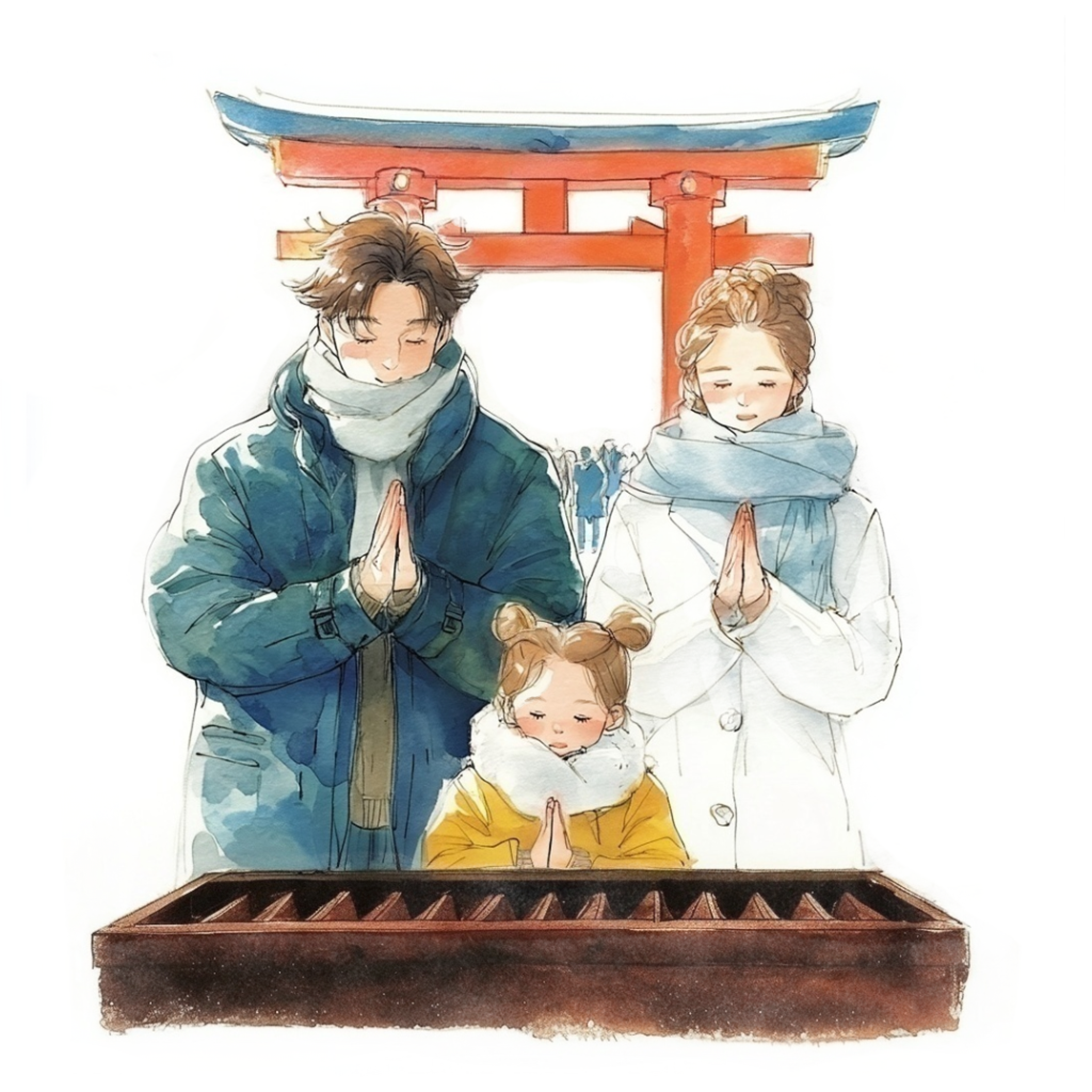 初詣に訪れた神社でお参りをしている両親と小さな娘の水彩イラスト
