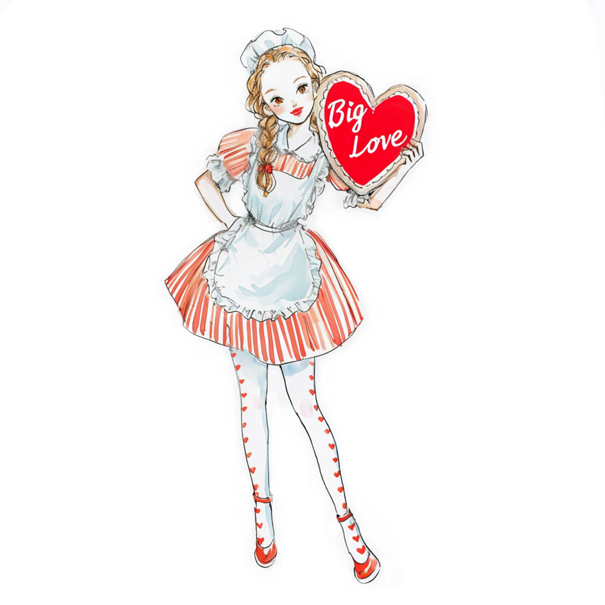 特大のバレンタインクッキーを持っているメイド服の女の子の水彩イラスト