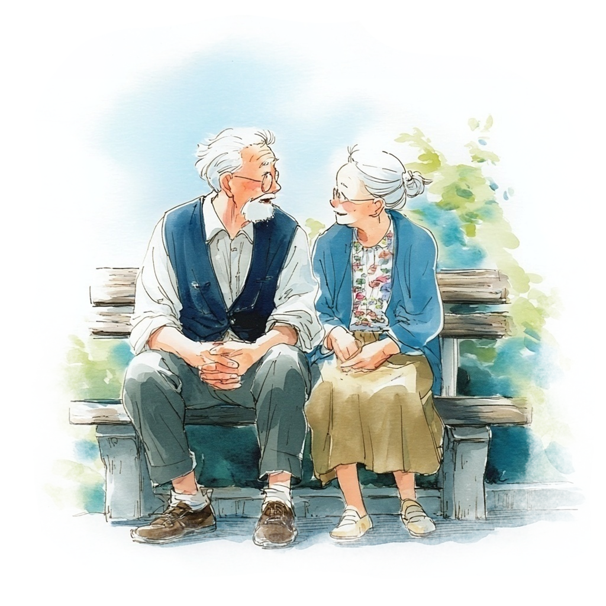 ベンチで楽しそうにおしゃべりしている高齢夫婦の水彩イラスト