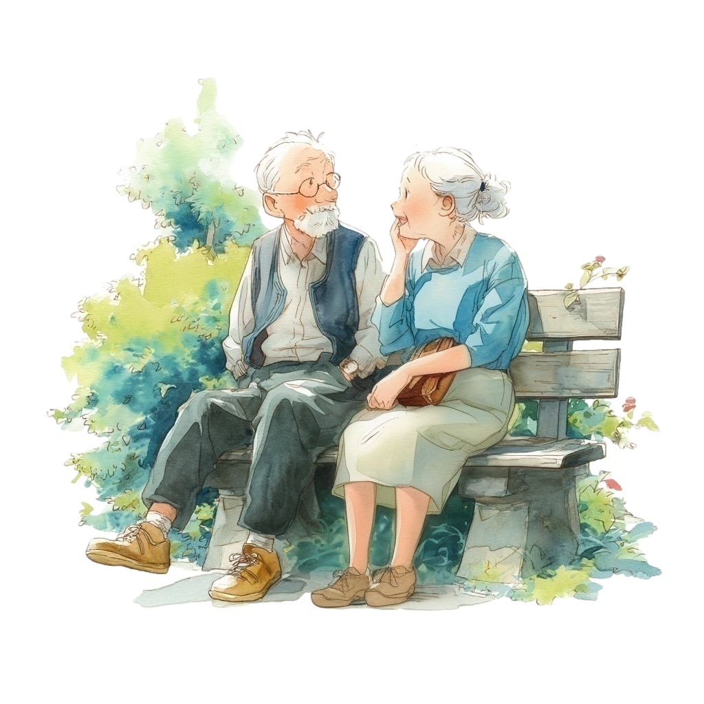 ベンチで楽しそうにおしゃべりしている高齢夫婦の背景透過水彩イラスト