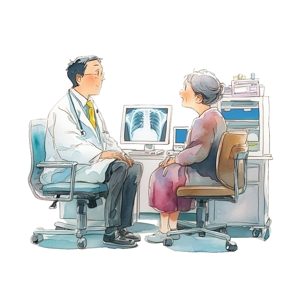 診察室でレントゲン検査の結果について話している医師と患者の高齢女性の背景透過水彩イラスト
