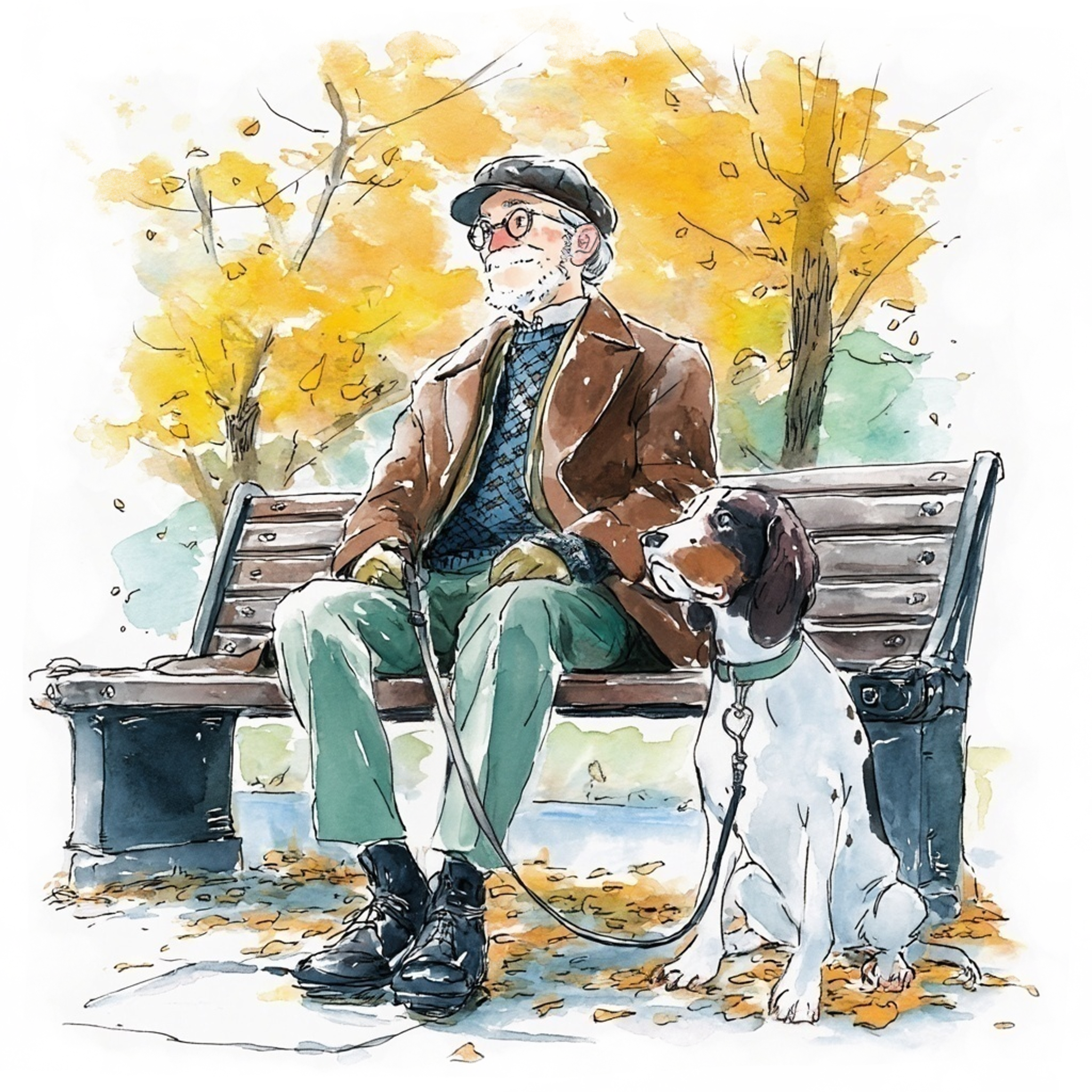 紅葉が散る秋の公園のベンチに座る高齢の男性と大型犬の水彩イラスト