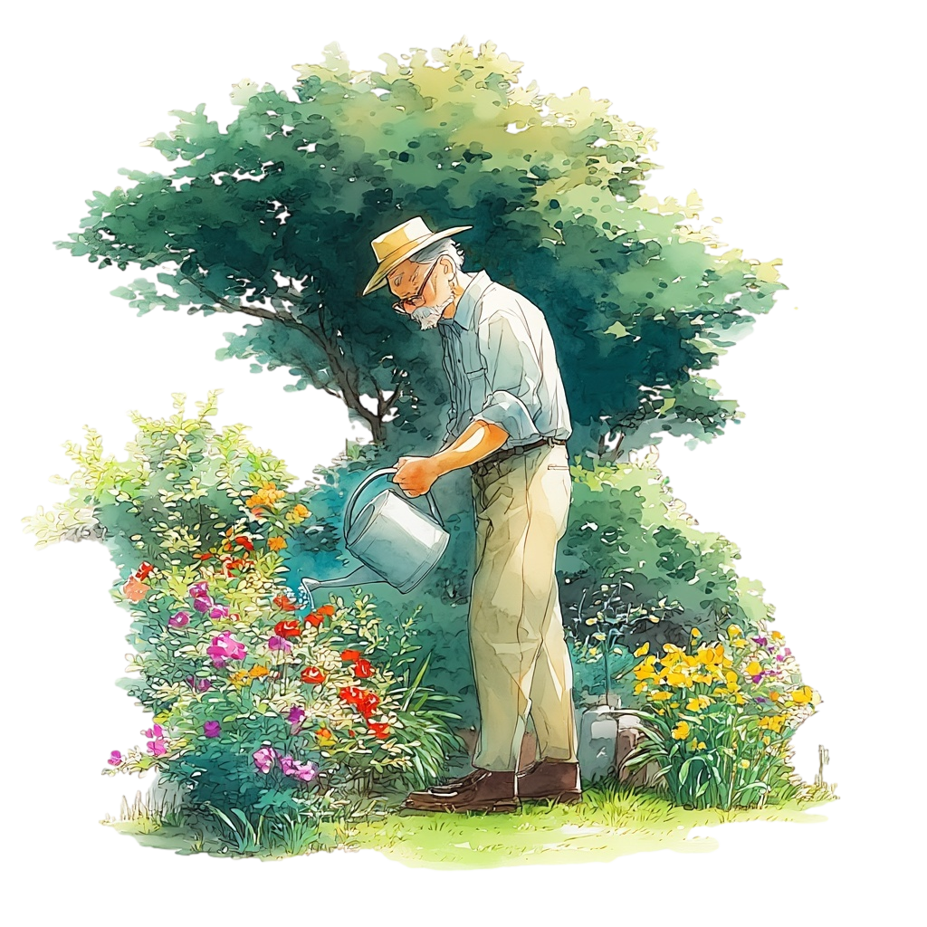 庭の花にブリキのじょうろで水をあげている高齢男性の背景透過水彩イラスト