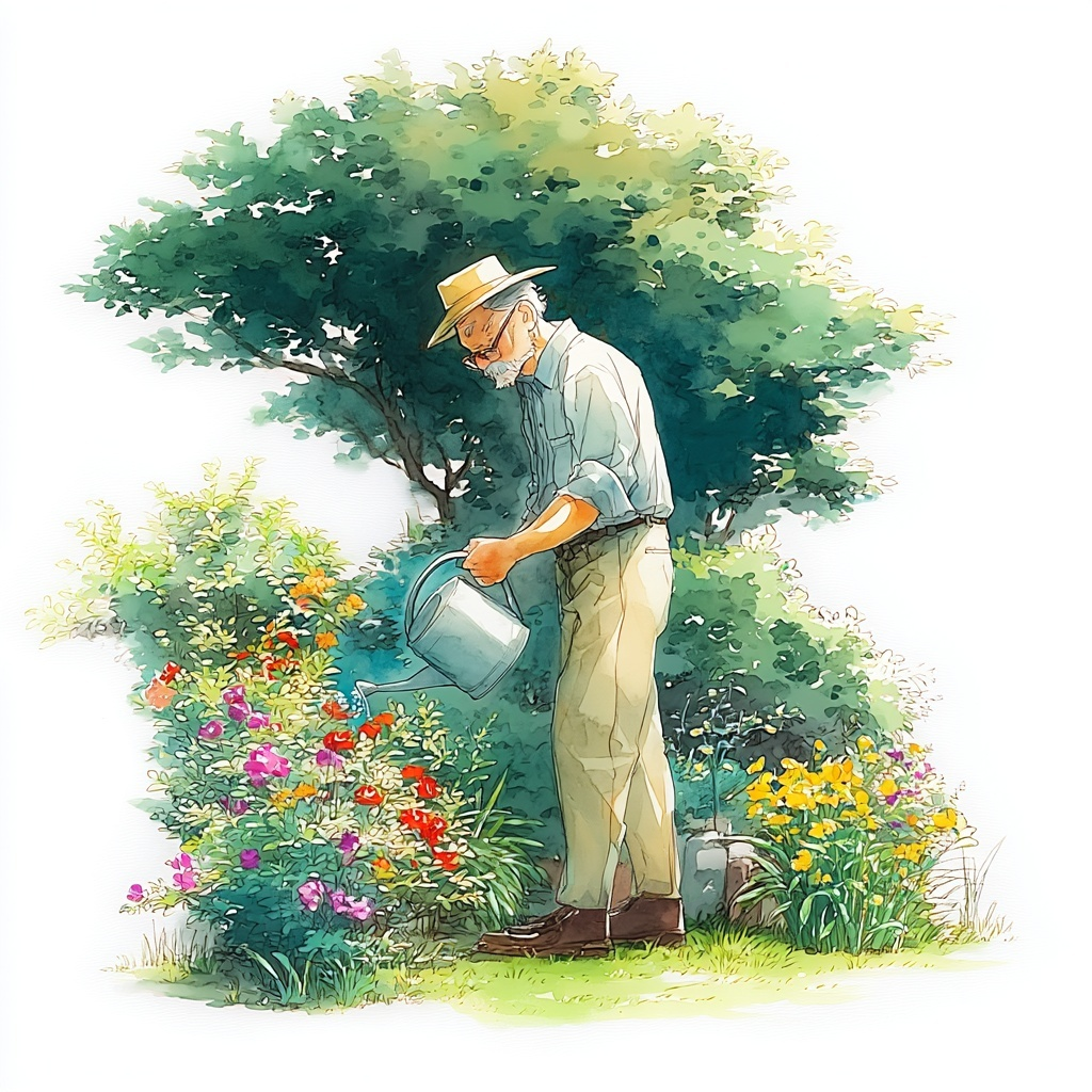 庭の花にブリキのじょうろで水をあげている高齢男性の水彩イラスト