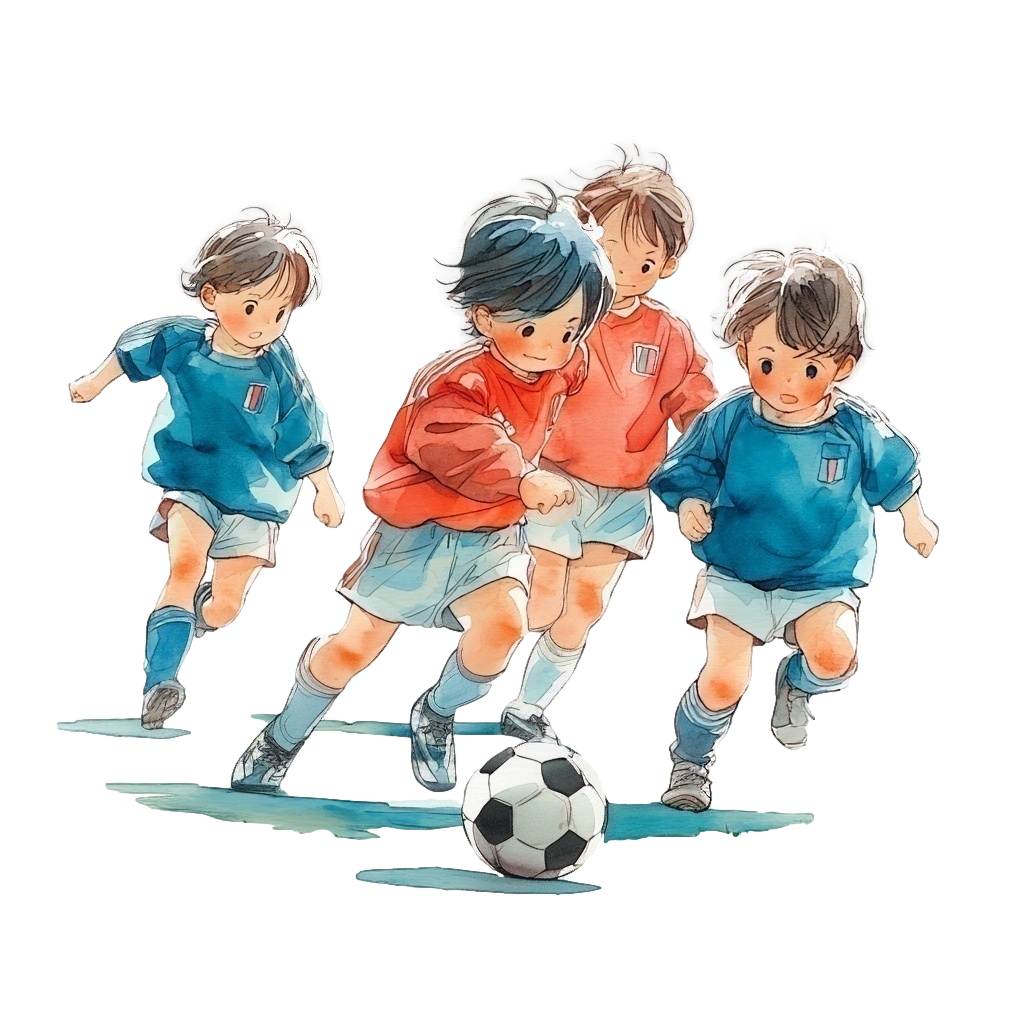 赤と青のユニフォームを着てサッカーをしている男の子たちの背景透過水彩イラスト