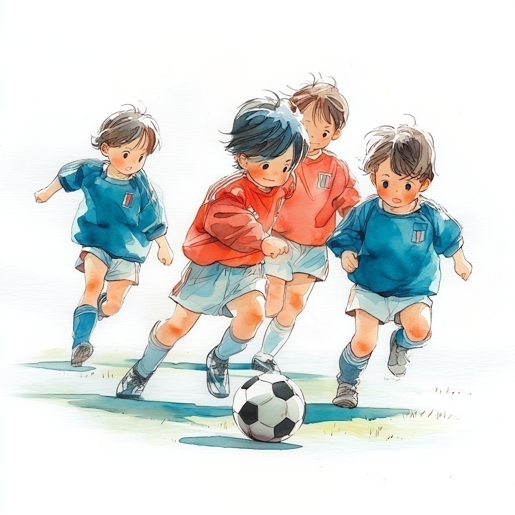 赤と青のユニフォームを着てサッカーをしている男の子たちの水彩イラスト