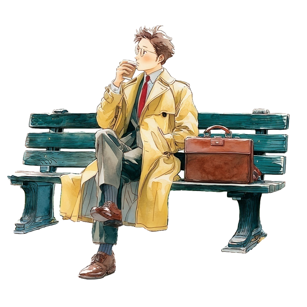 ベンチでテイクアウトのコーヒーを飲んでいるトレンチコートを着たビジネスマンの背景透過水彩イラスト