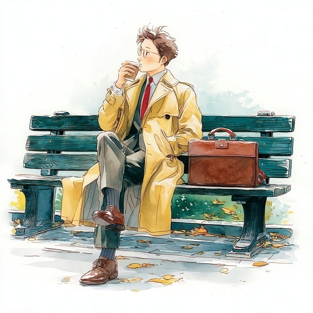 公園のベンチでテイクアウトのコーヒーを飲んでいるトレンチコートを着たビジネスマンの水彩イラスト