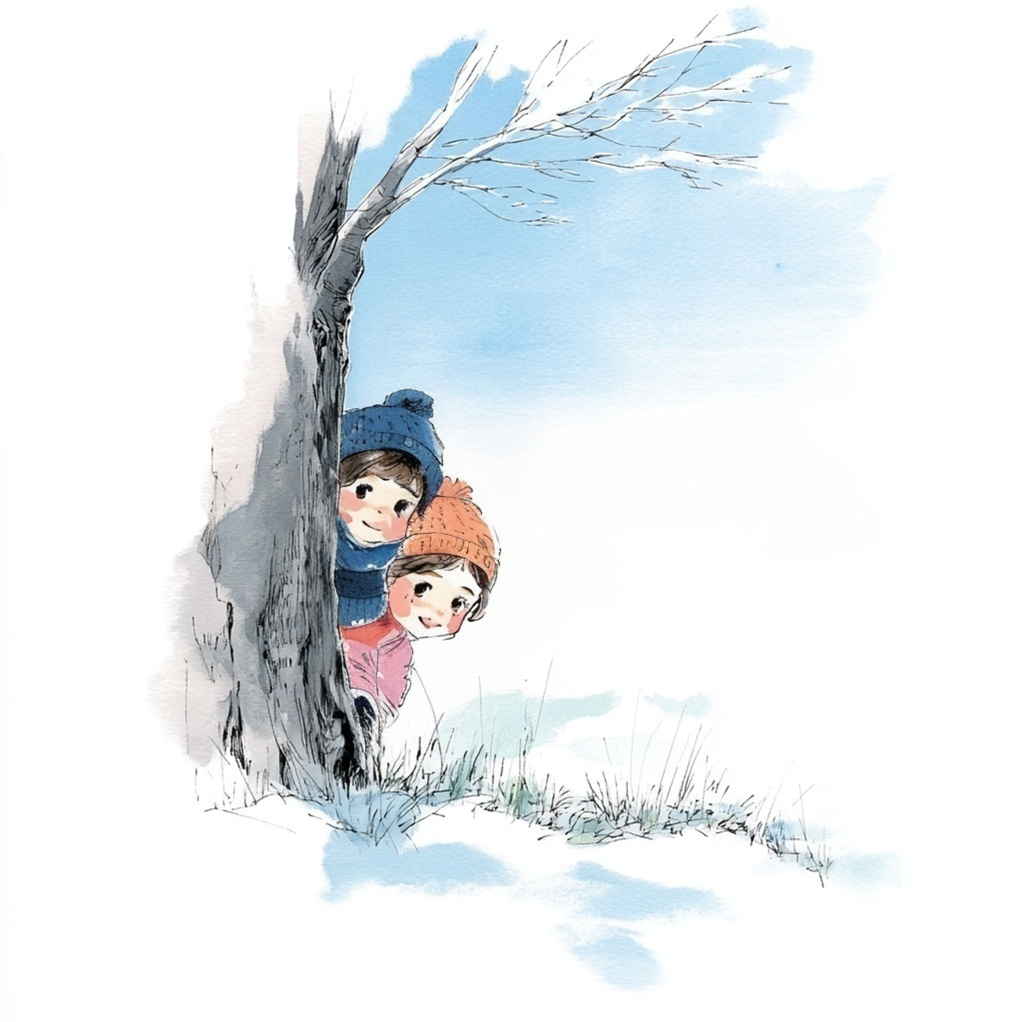 雪の中の木の後ろからのぞいているニット帽をかぶった小さな男の子と女の子の水彩イラスト