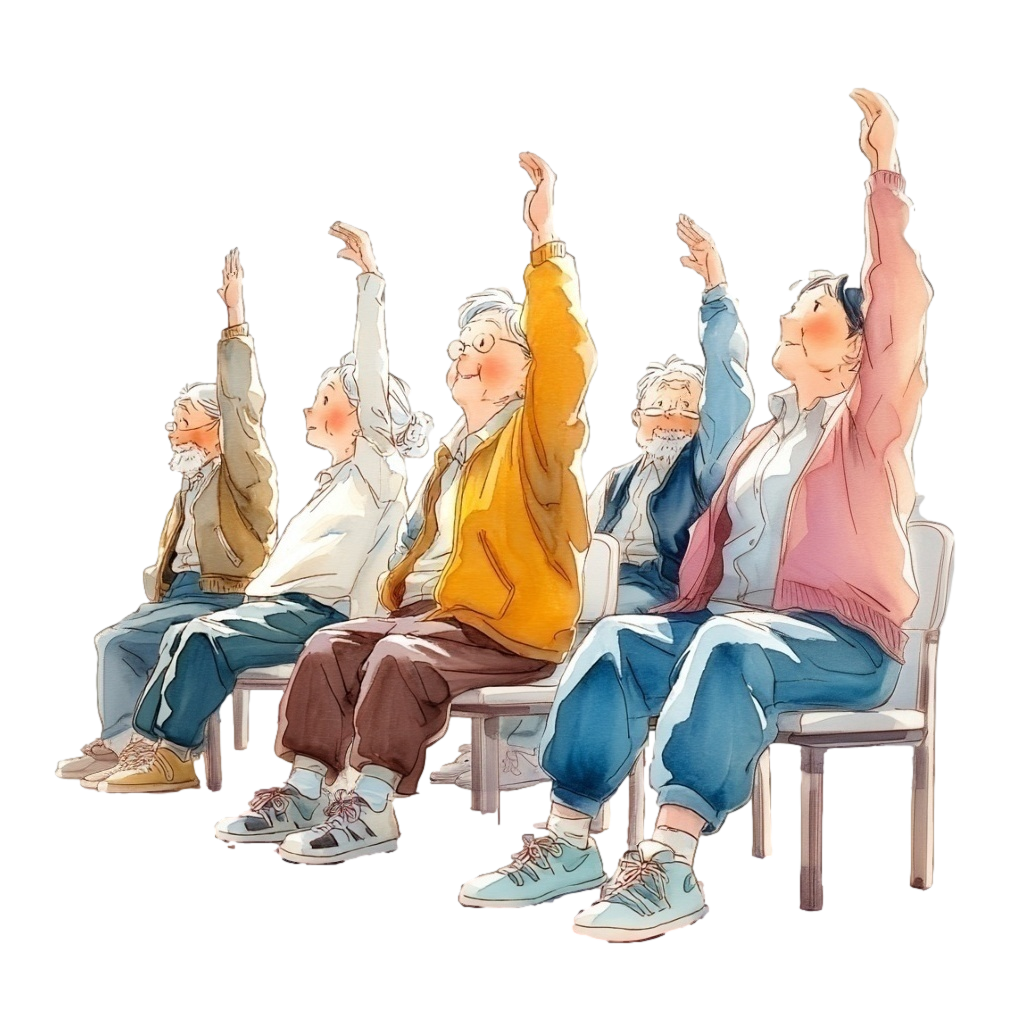 並んで椅子に座り手を上に伸ばしてストレッチをしている高齢者たちの背景透過水彩イラスト