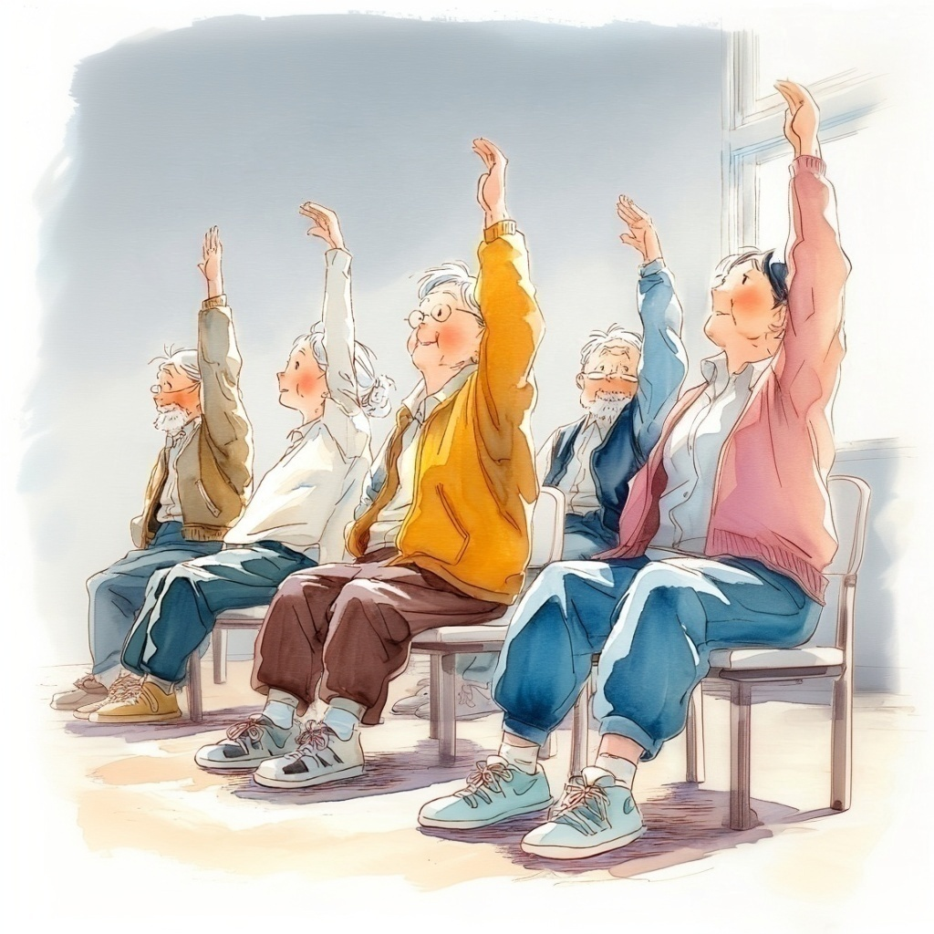 並んで椅子に座り手を上に伸ばしてストレッチをしている高齢者たちの水彩イラスト