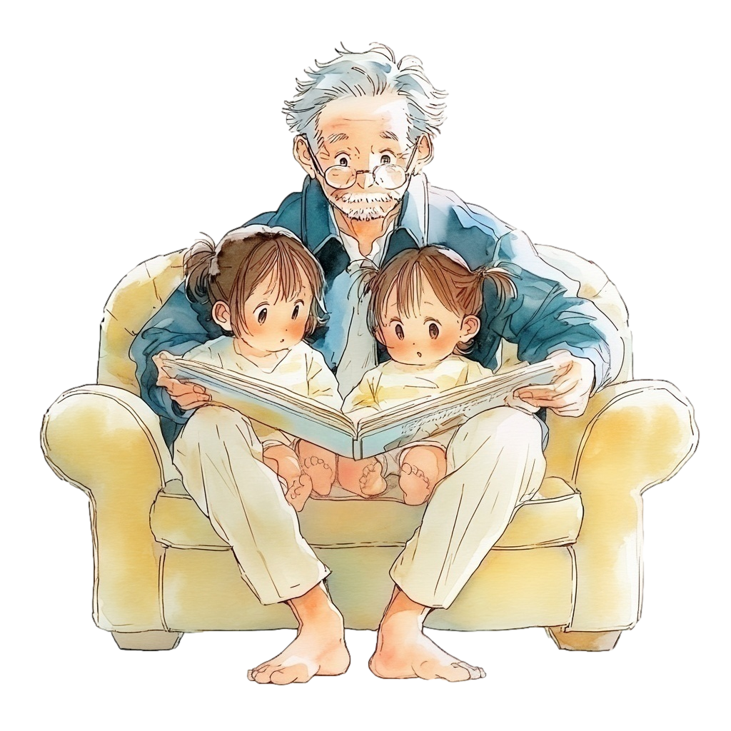 孫たちと一緒にソファに座り絵本を読んであげているおじいちゃんの背景透過水彩イラスト
