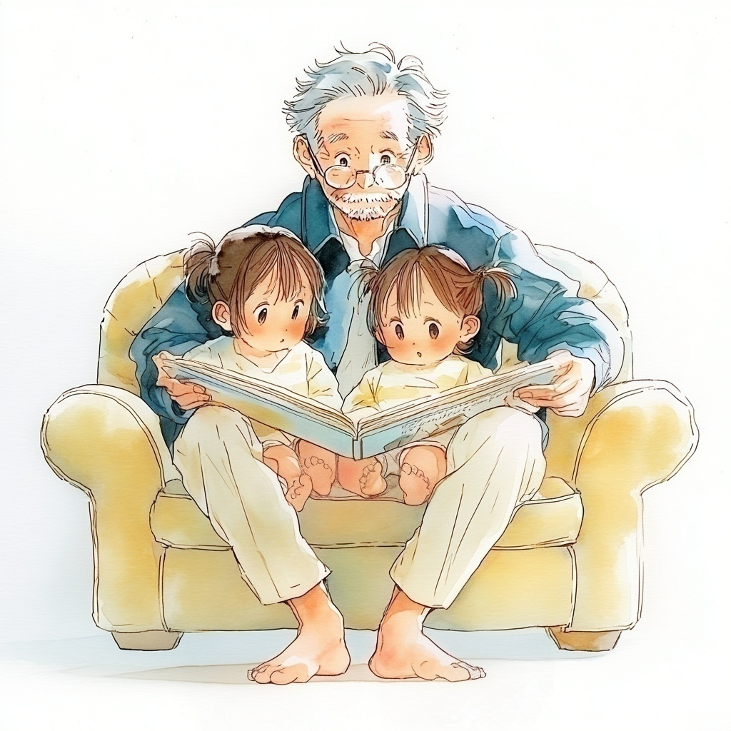孫たちと一緒にソファに座り絵本を読んであげているおじいちゃんの水彩イラスト