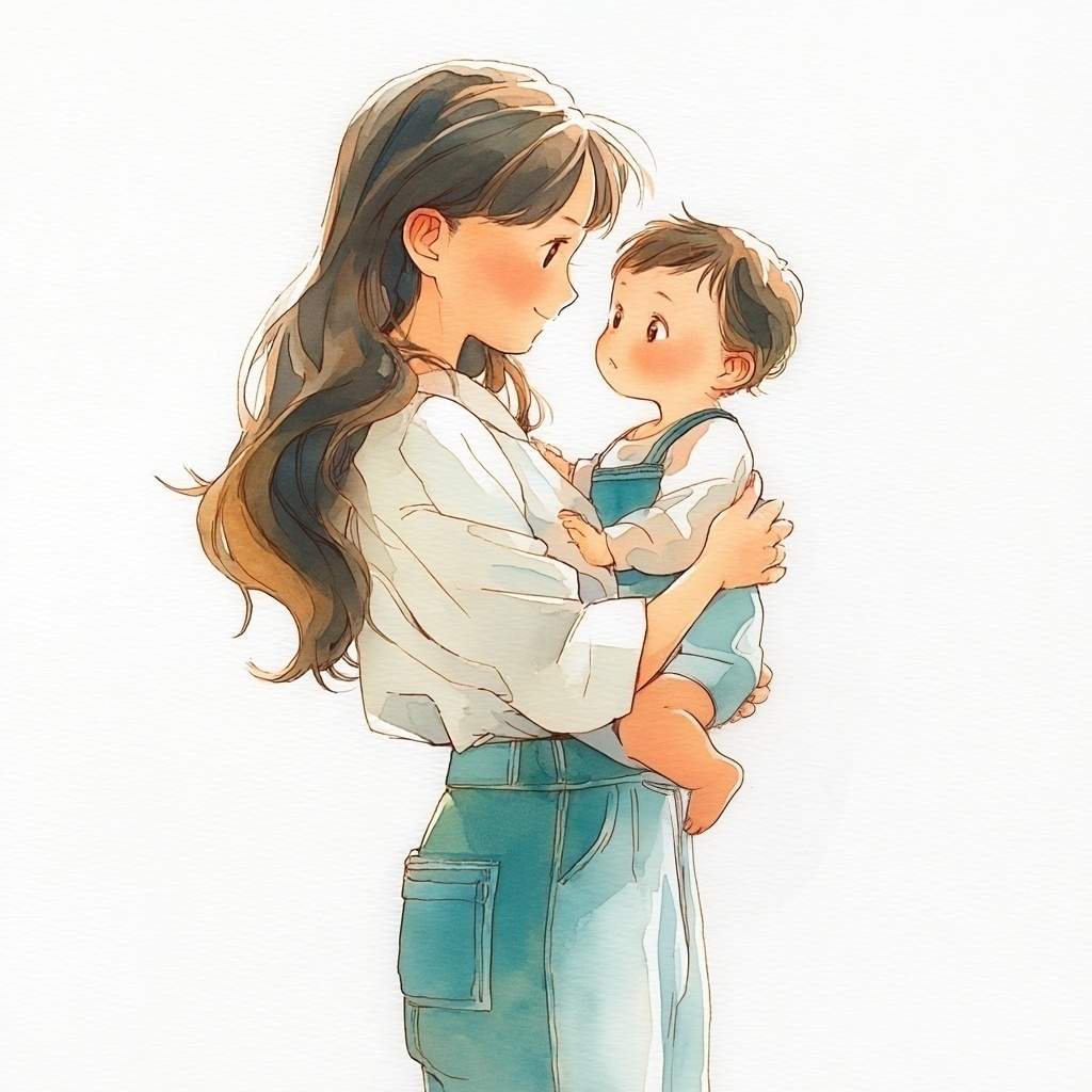 自分の腕に抱かれている赤ちゃんを見つめるロングヘアの母親の水彩イラスト