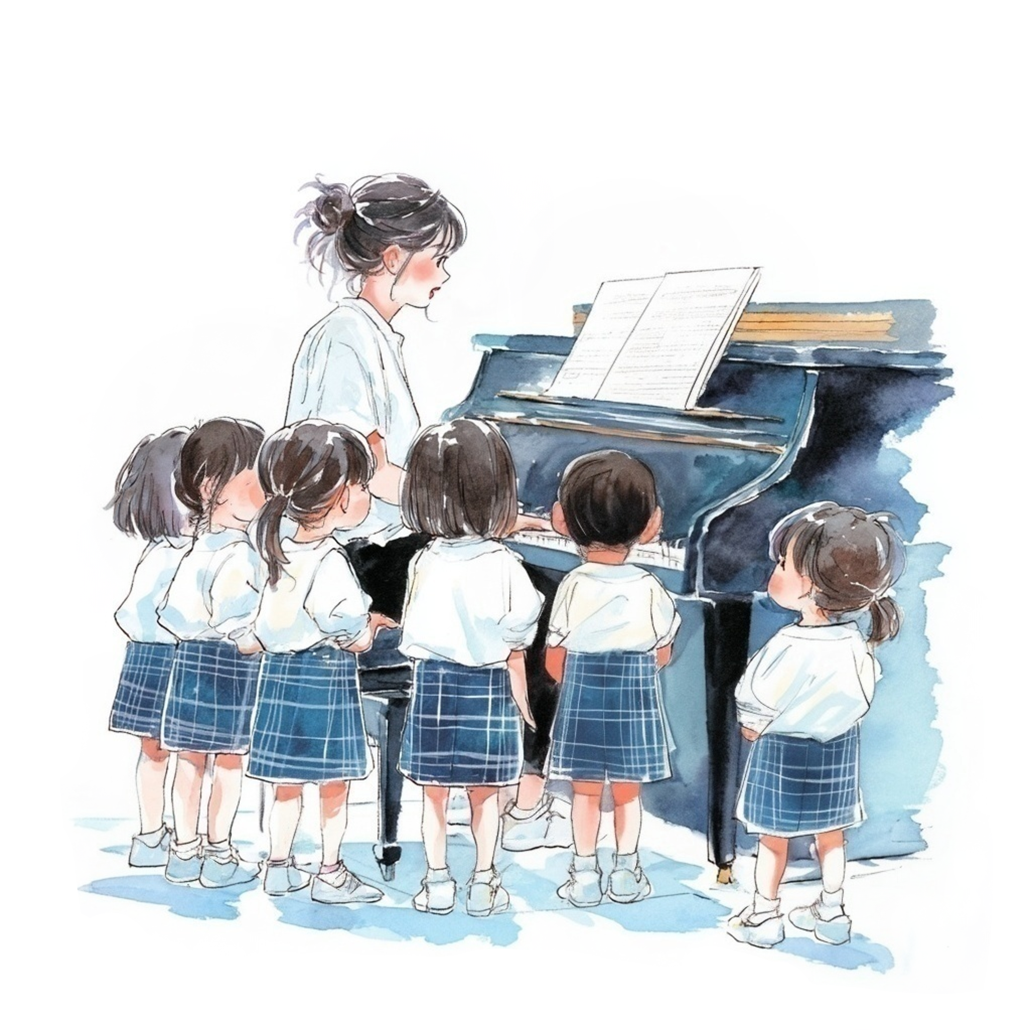 ピアノを弾いている保育士と周りに集まる園児の水彩イラスト