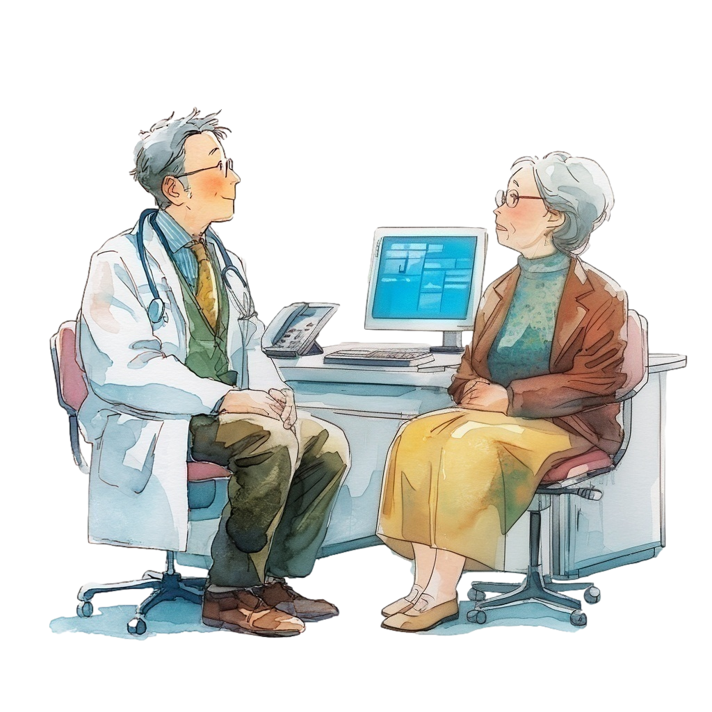 病院の診察室で医師と会話をしている高齢女性の背景透過水彩イラスト