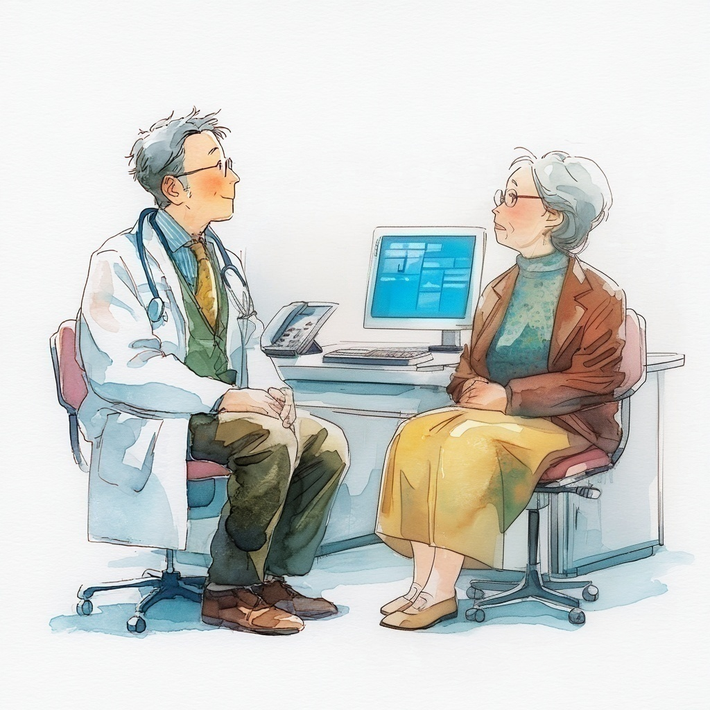 病院の診察室で医師と会話をしている高齢女性の水彩イラスト