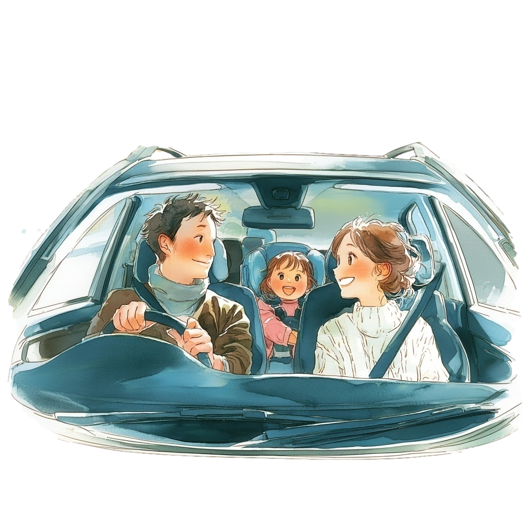 車に乗っている夫婦と小さな娘の背景透過水彩イラスト
