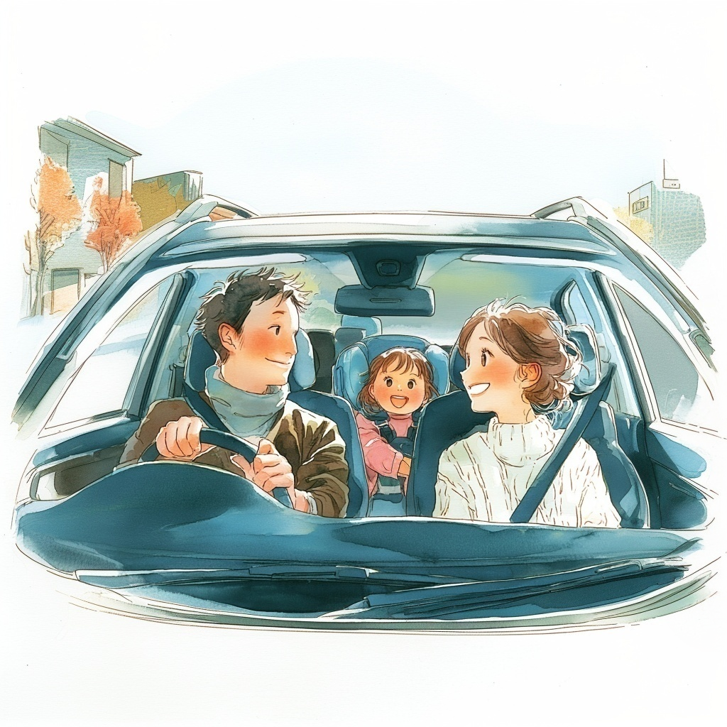 秋の街を走る車に乗っている夫婦と小さな娘の水彩イラスト