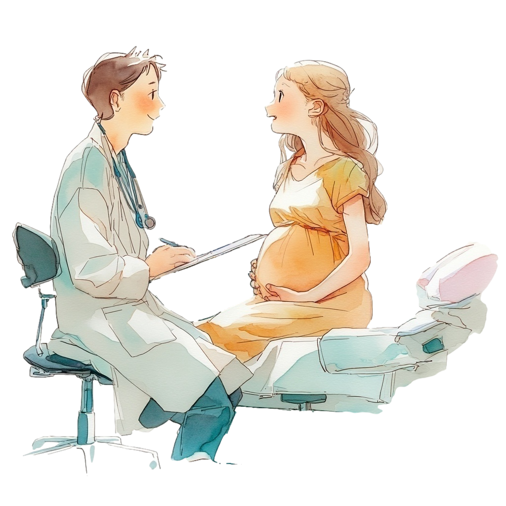 妊婦検診で医師と話す黄色いワンピースを着た妊婦の背景透過水彩イラスト