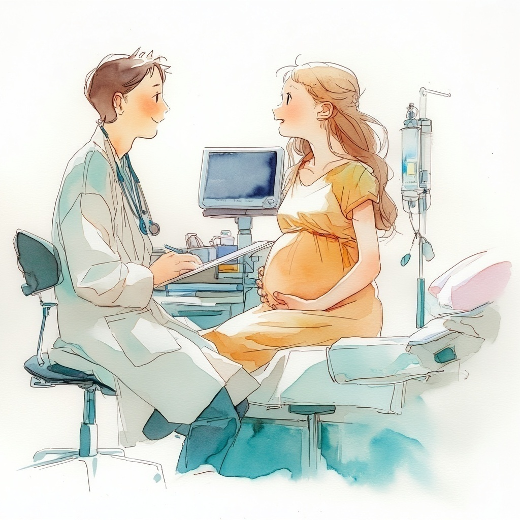 妊婦検診で医師と話す黄色いワンピースを着た妊婦の水彩イラスト