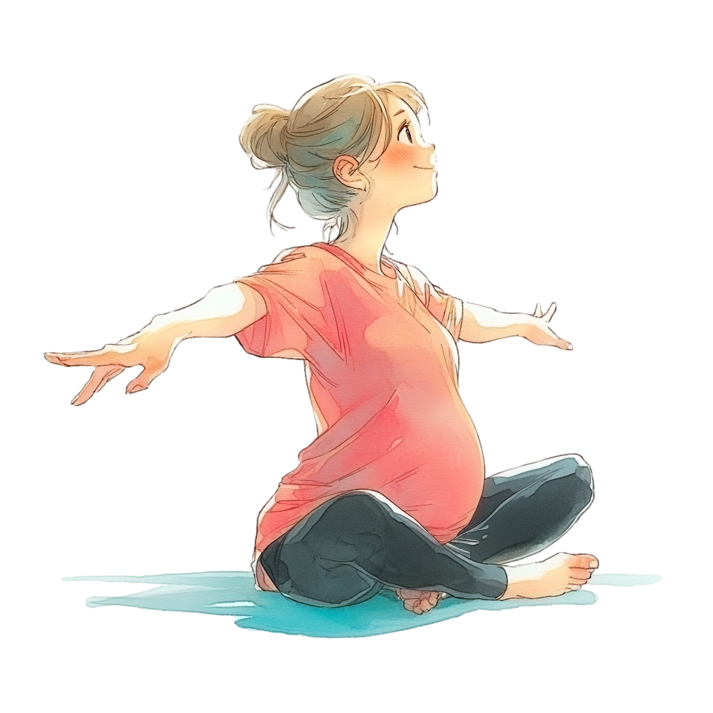 マタニティヨガをしているピンク色のTシャツを着た妊婦さんの背景透過水彩イラスト