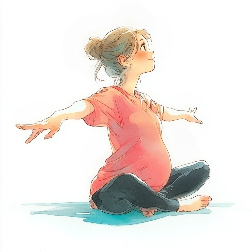 マタニティヨガをしているピンク色のTシャツを着た妊婦さんの水彩イラスト