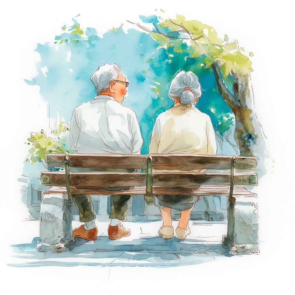 木陰のベンチに座っている老夫婦の後ろ姿の水彩イラスト