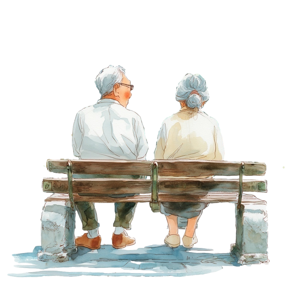 ベンチに座っている老夫婦の後ろ姿の背景透過イラスト