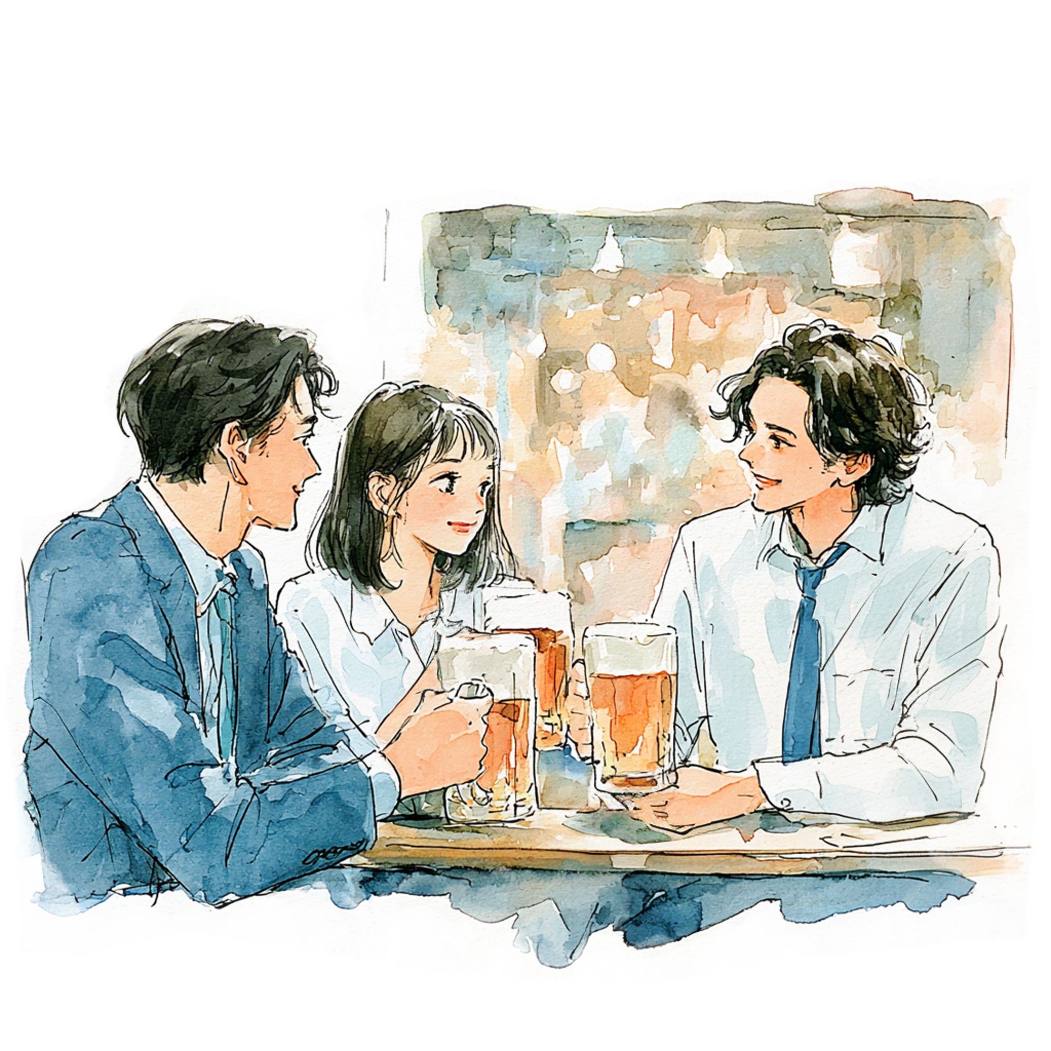 ビールジョッキで乾杯している3人の男女の水彩イラスト